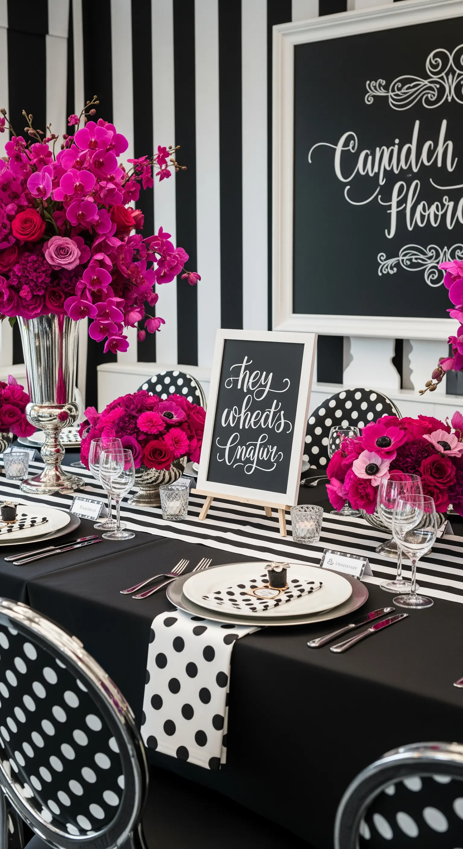 Tavola in bianco e nero con fiori fucsia, pattern a righe e pois.