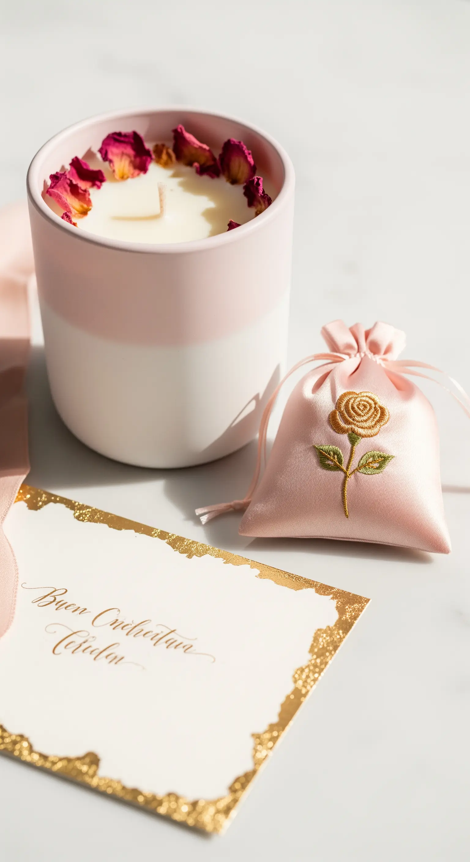 Set regalo con candela decorata con petali di rosa, sacchetto di raso rosa e biglietto dorato.