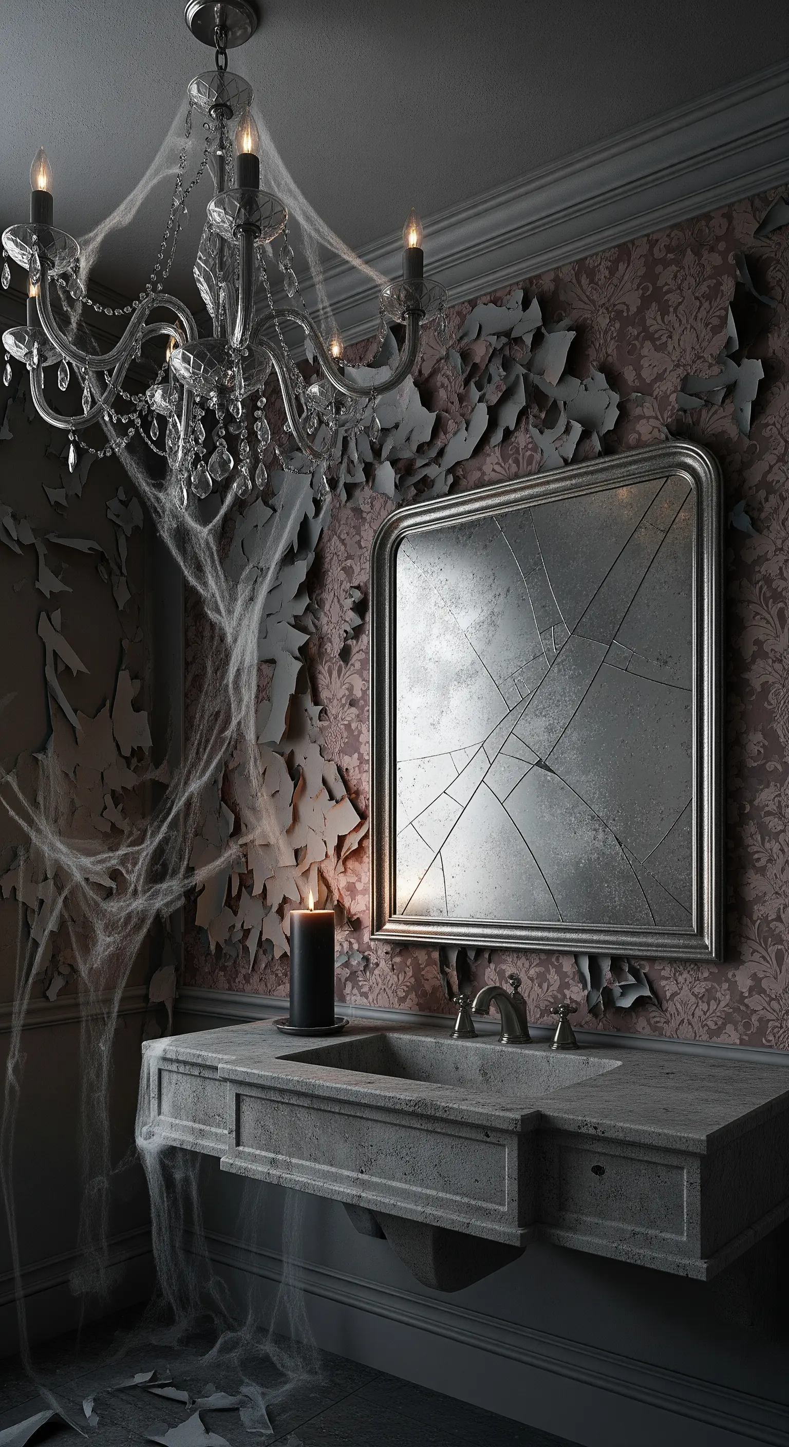 Bagno in rovina con carta da parati scrostata, ragnatele e uno specchio rotto