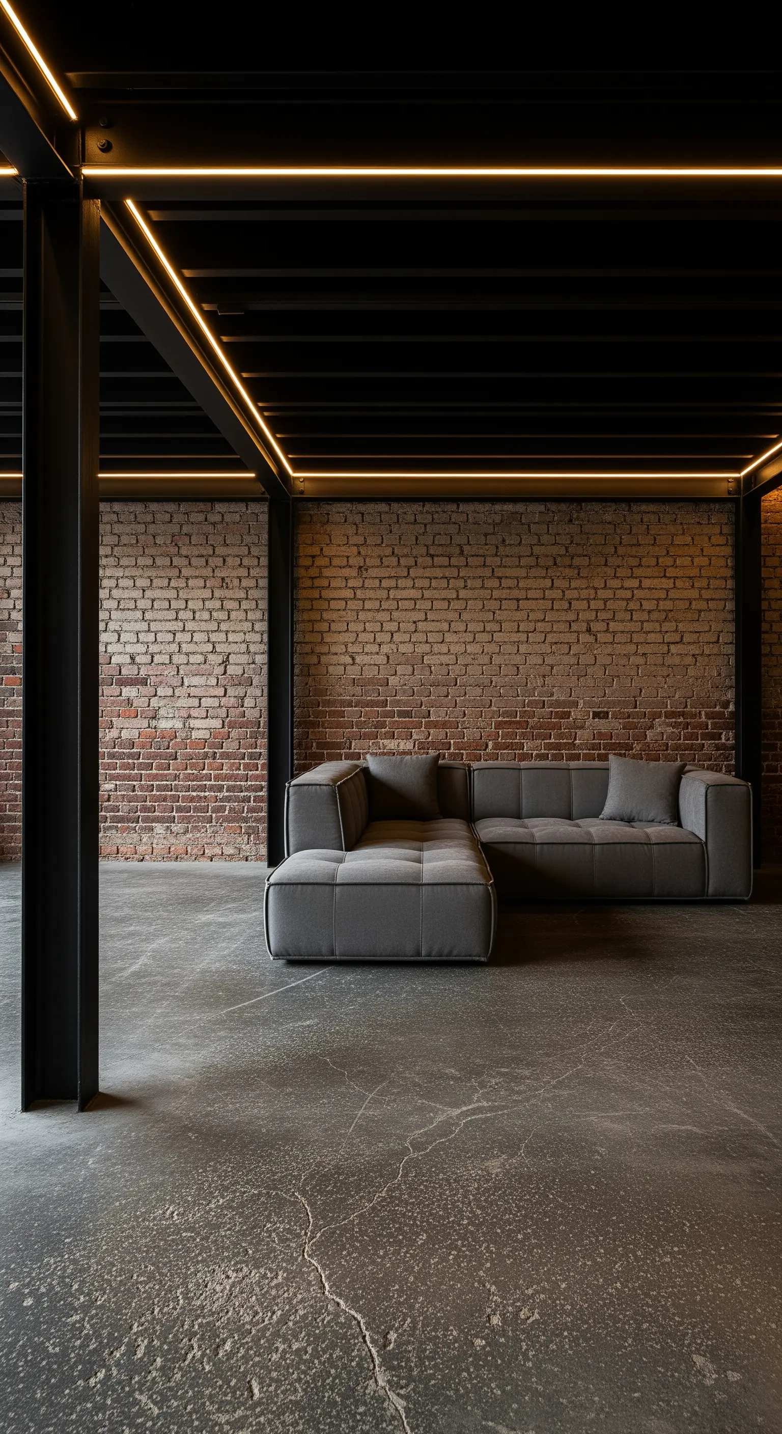 Portico in stile industriale con parete in mattoni, struttura in metallo nero e divano grigio