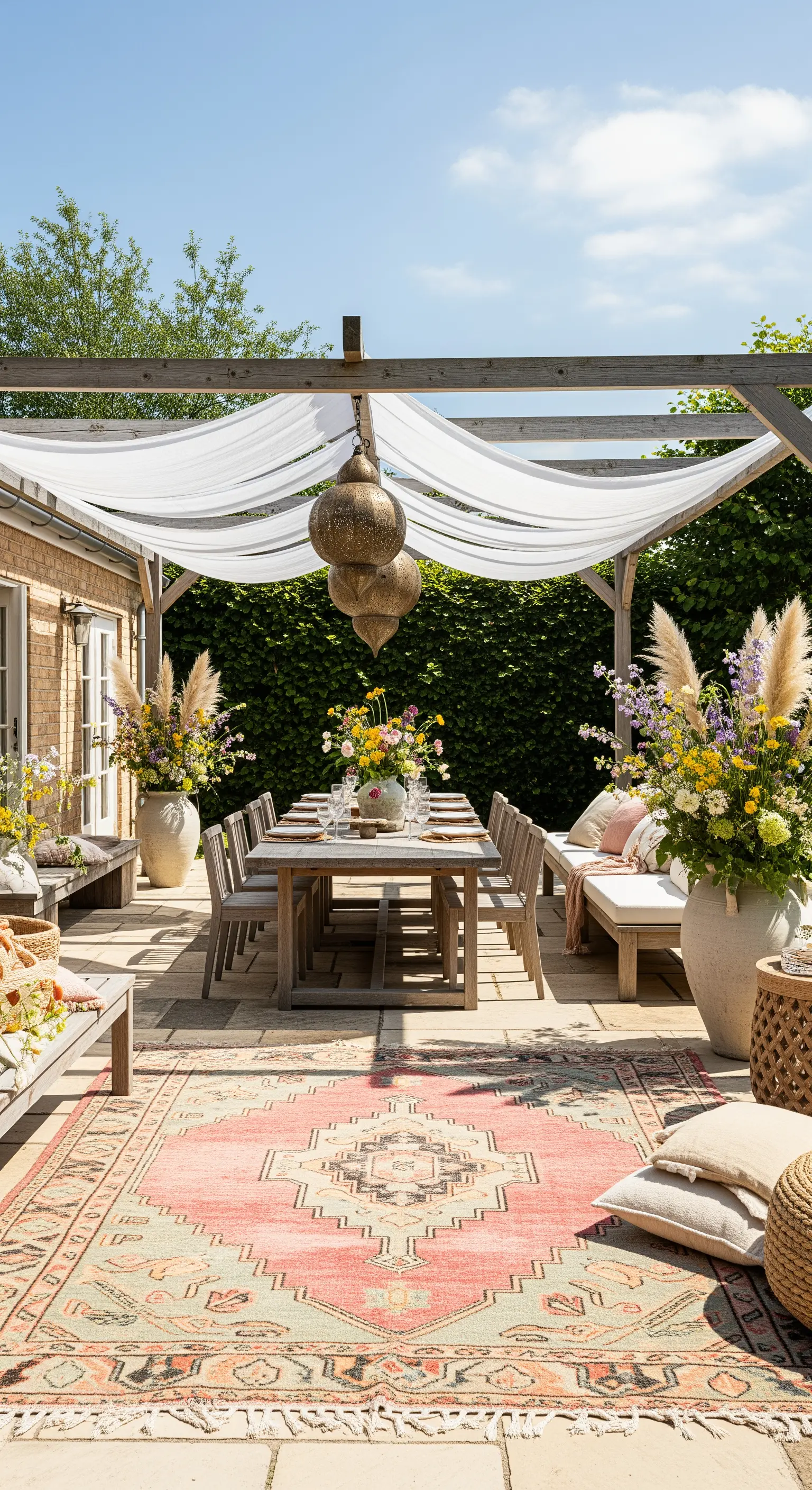 Patio con tavolo da pranzo in legno, tappeto kilim e pergola coperta da teli bianchi.