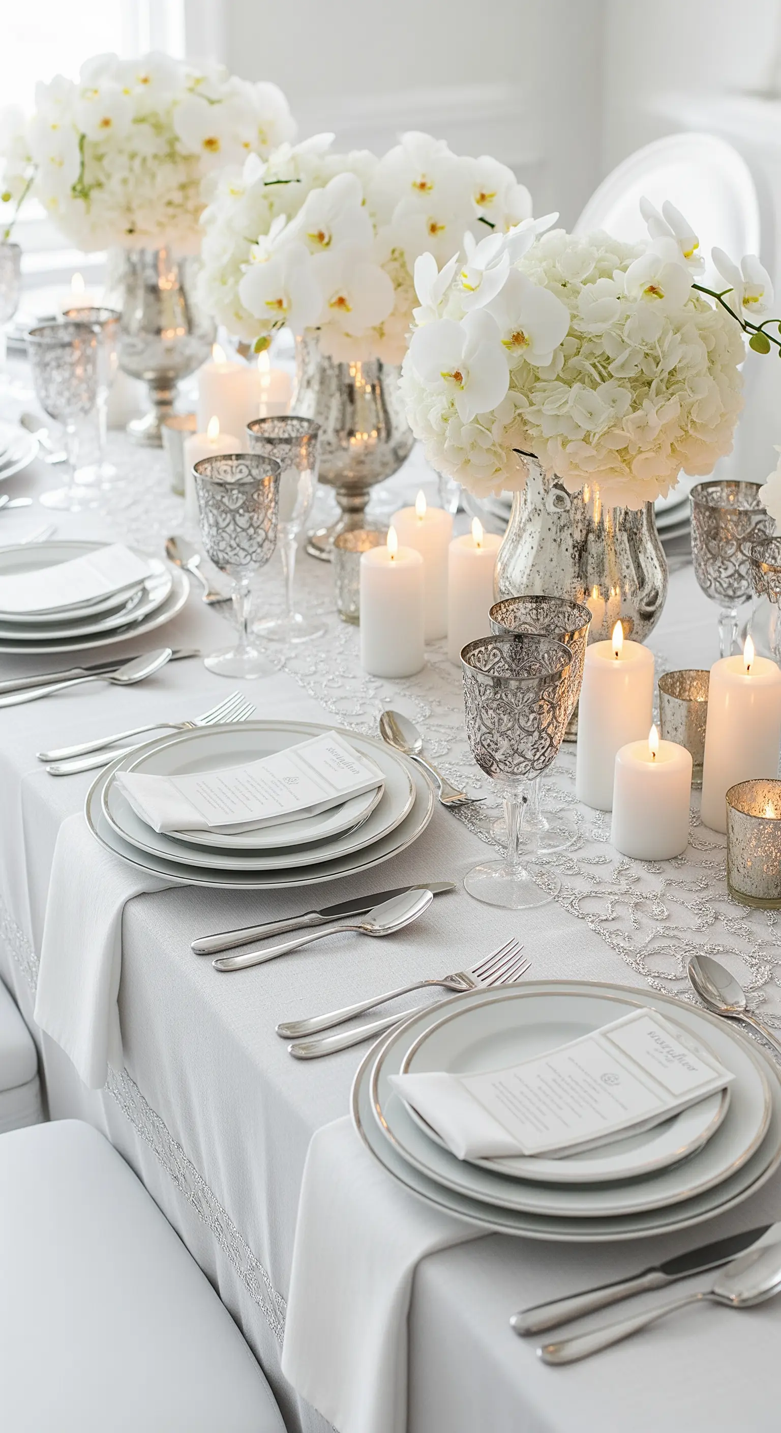 Tavola di compleanno total white con fiori bianchi, candele e dettagli in vetro mercurizzato argento.