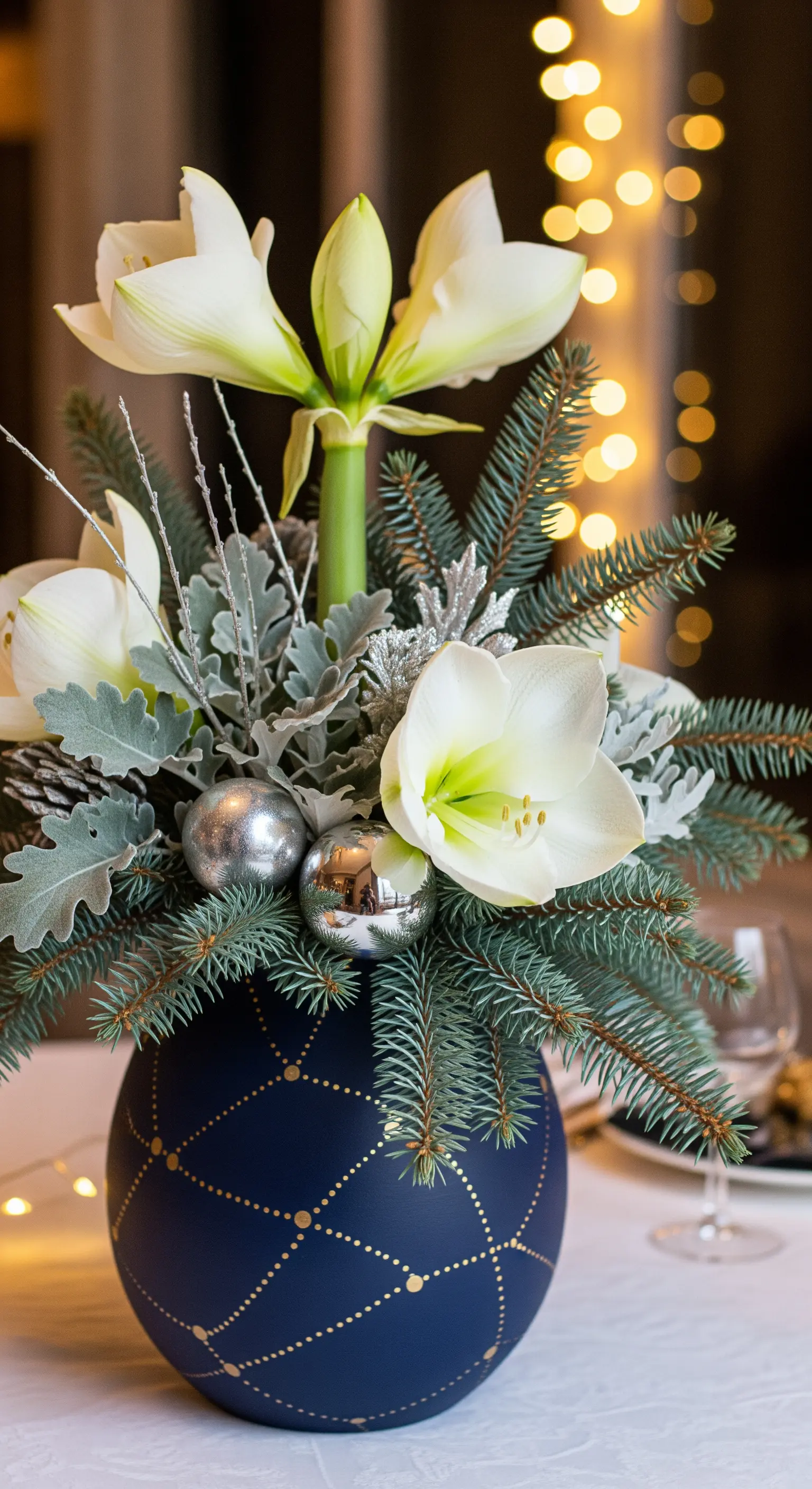 Vaso sferico blu notte con motivo dorato, riempito con Amaryllis, abete e palline argentate.