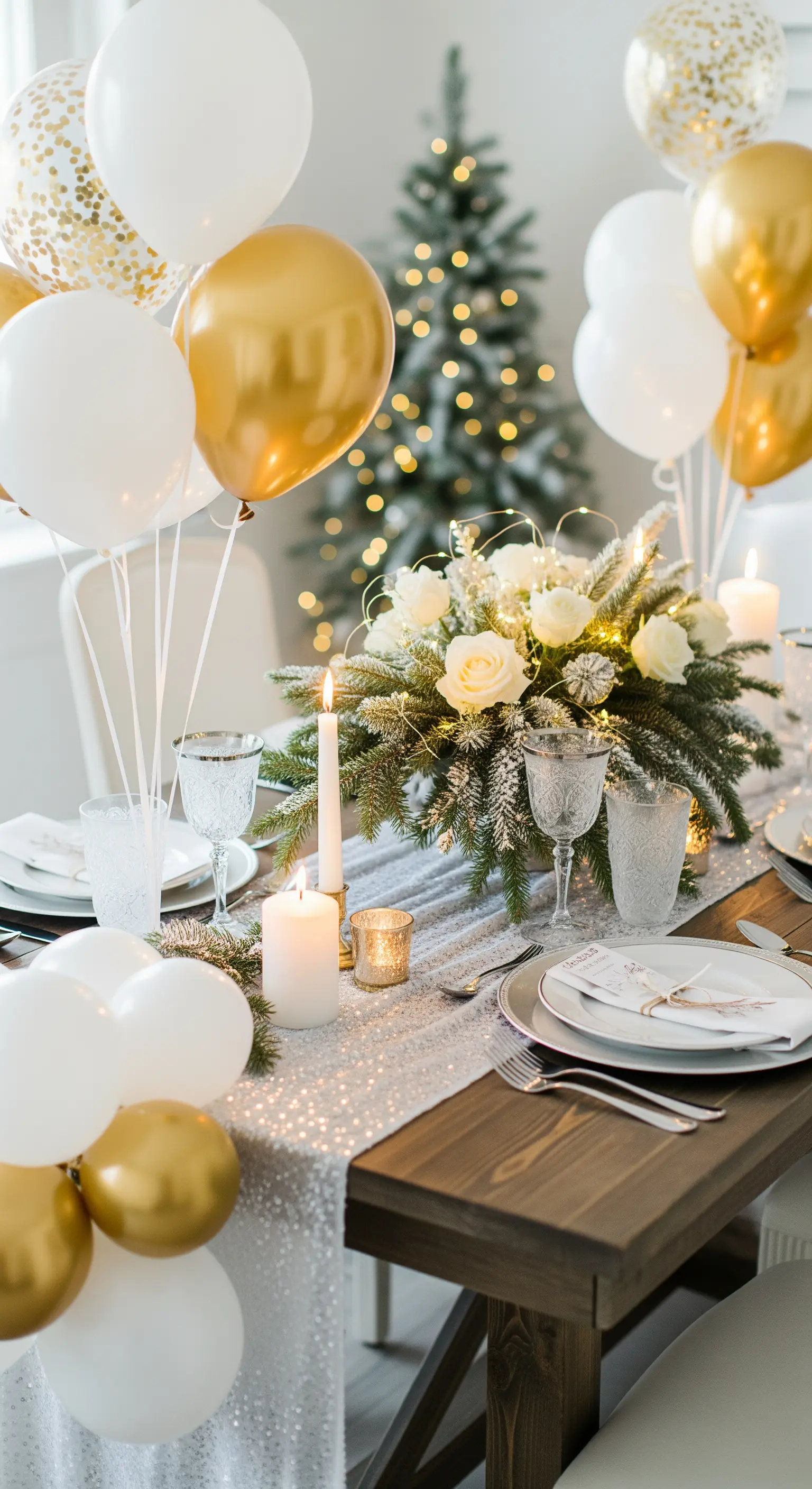 Tavola invernale con runner glitterato, palloncini bianchi e oro, e centrotavola floreale.