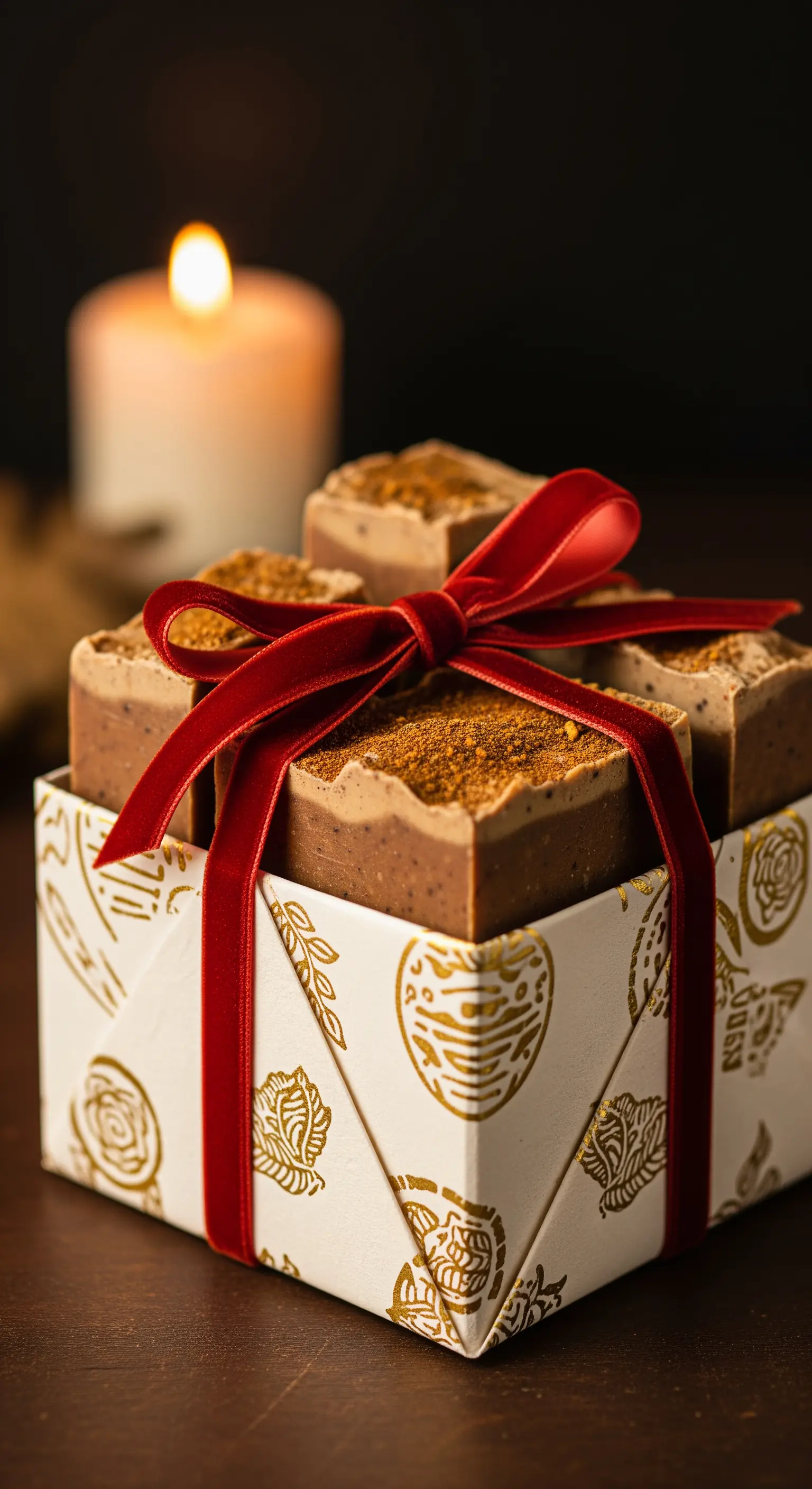 Saponi speziati in una scatola bianca e oro, con un fiocco di velluto rosso.