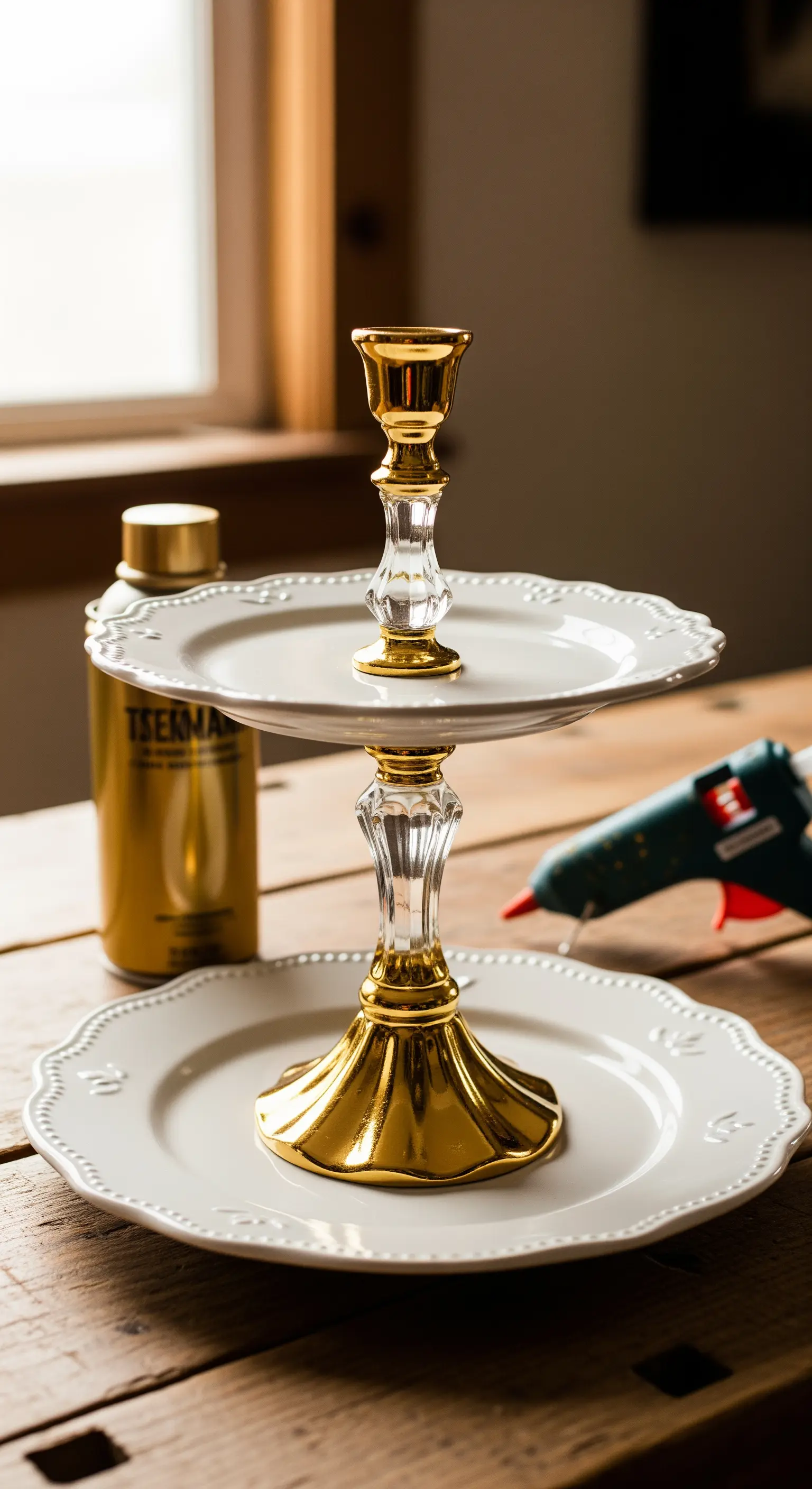 Alzata a due piani fai-da-te con piatti bianchi e portacandele dorati