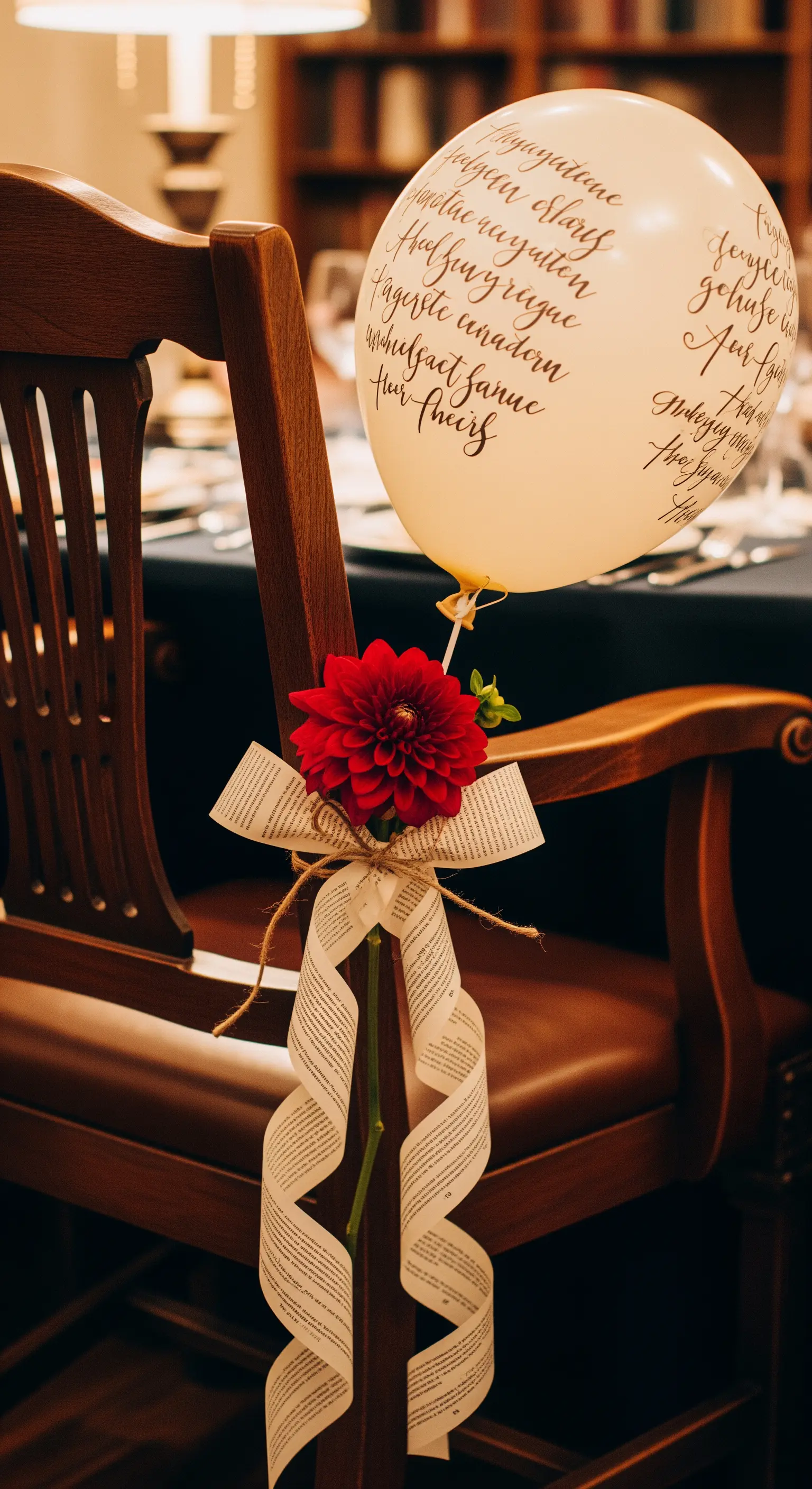 Sedia in legno con fiocco fatto di pagine di libri, fiore rosso e palloncino con scritte.