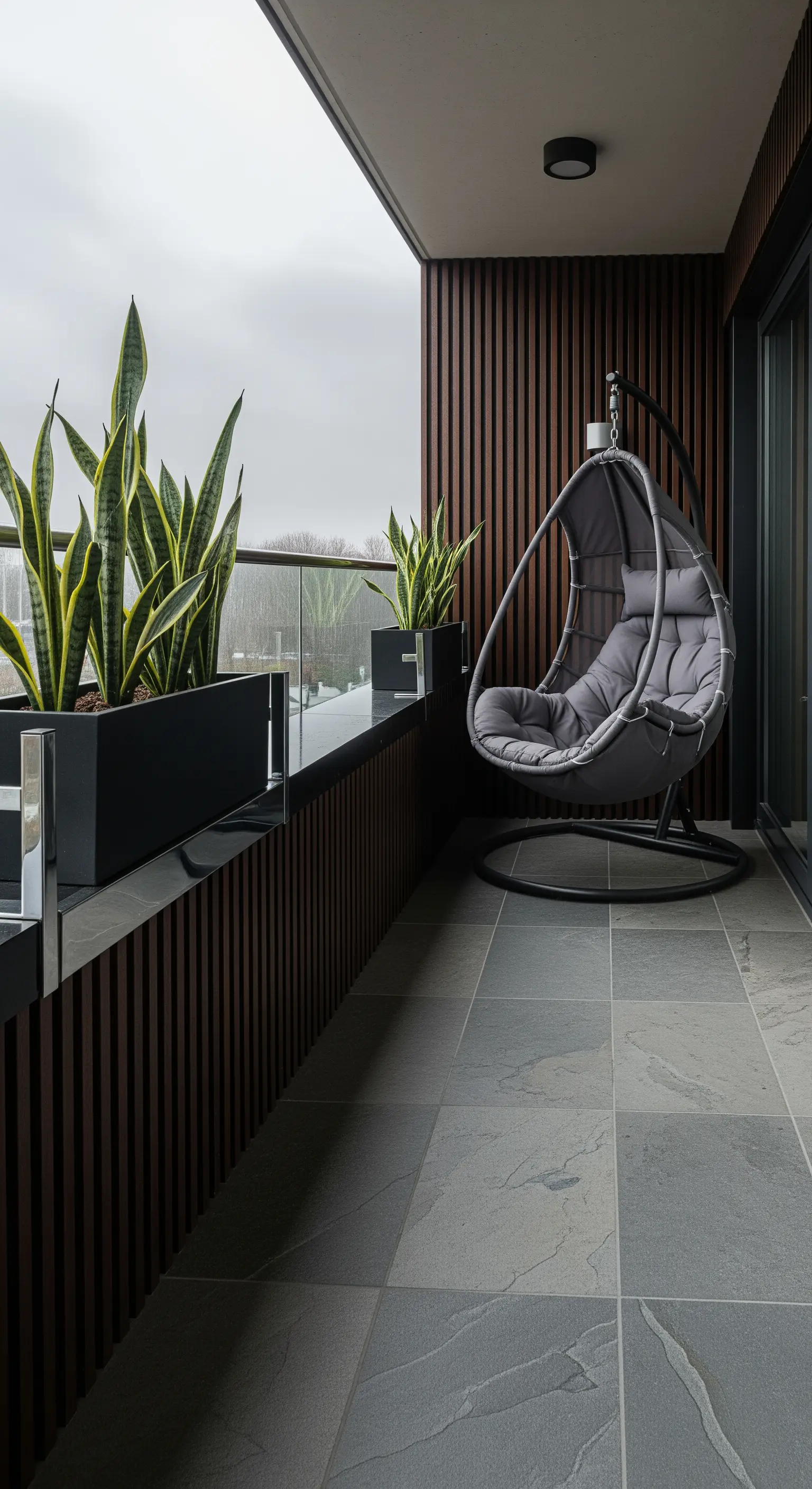 Poltrona sospesa grigia su un balcone moderno con parete a listelli di legno e fioriere nere.