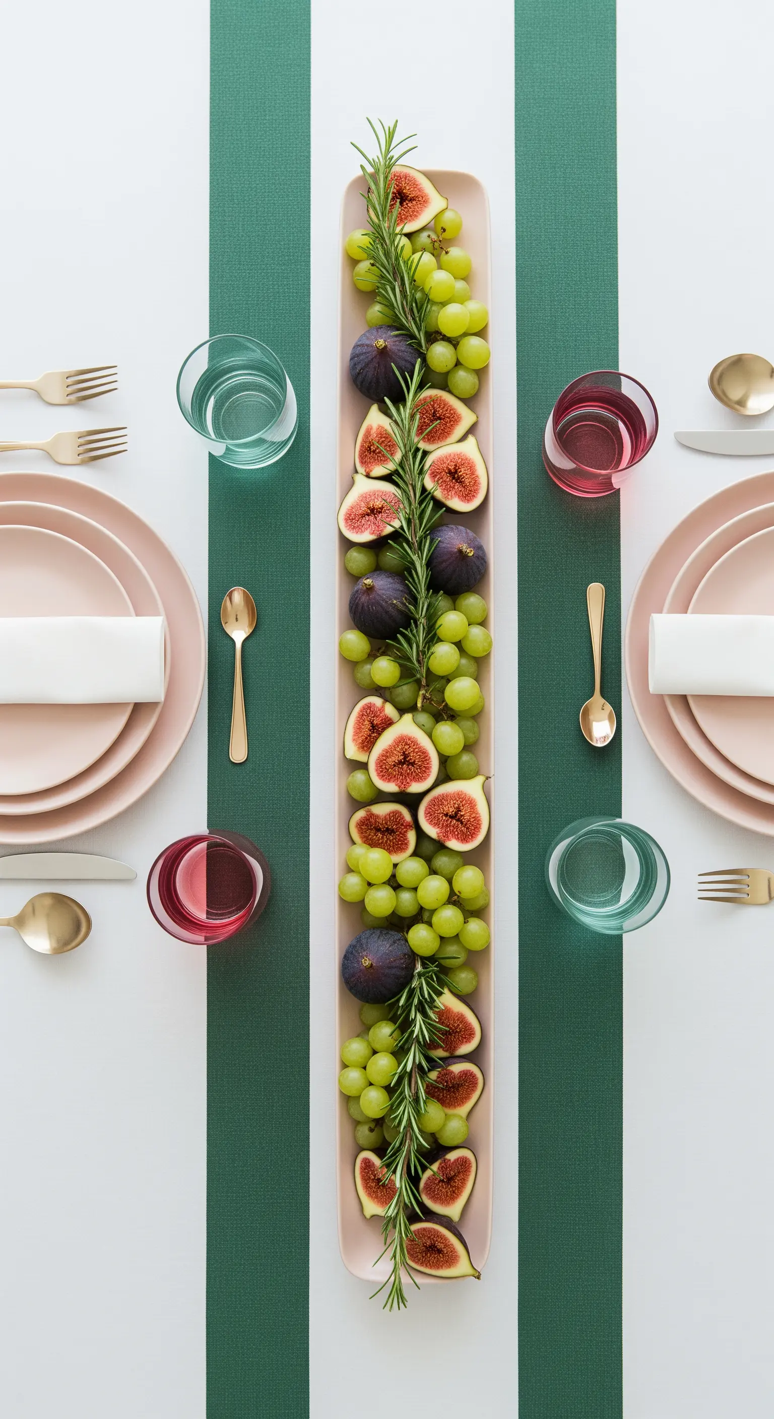Tavola con runner a righe verdi, piatti rosa e un centrotavola lineare con fichi e uva.