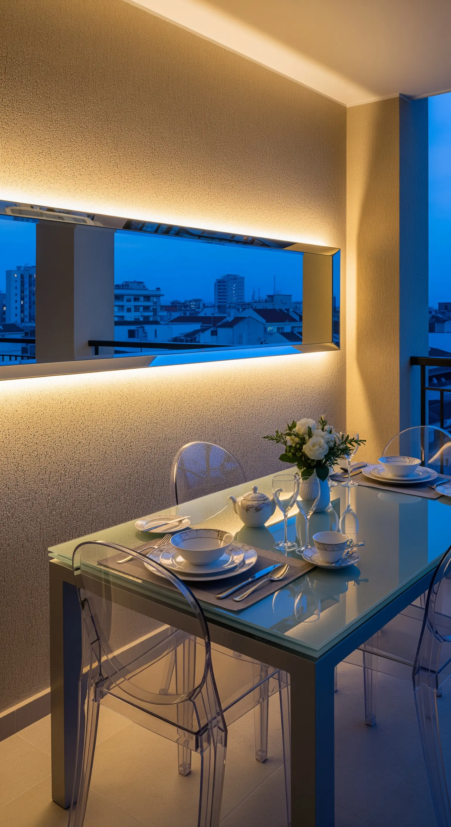 Zona pranzo su balcone con tavolo in vetro e specchio orizzontale lungo retroilluminato a LED.