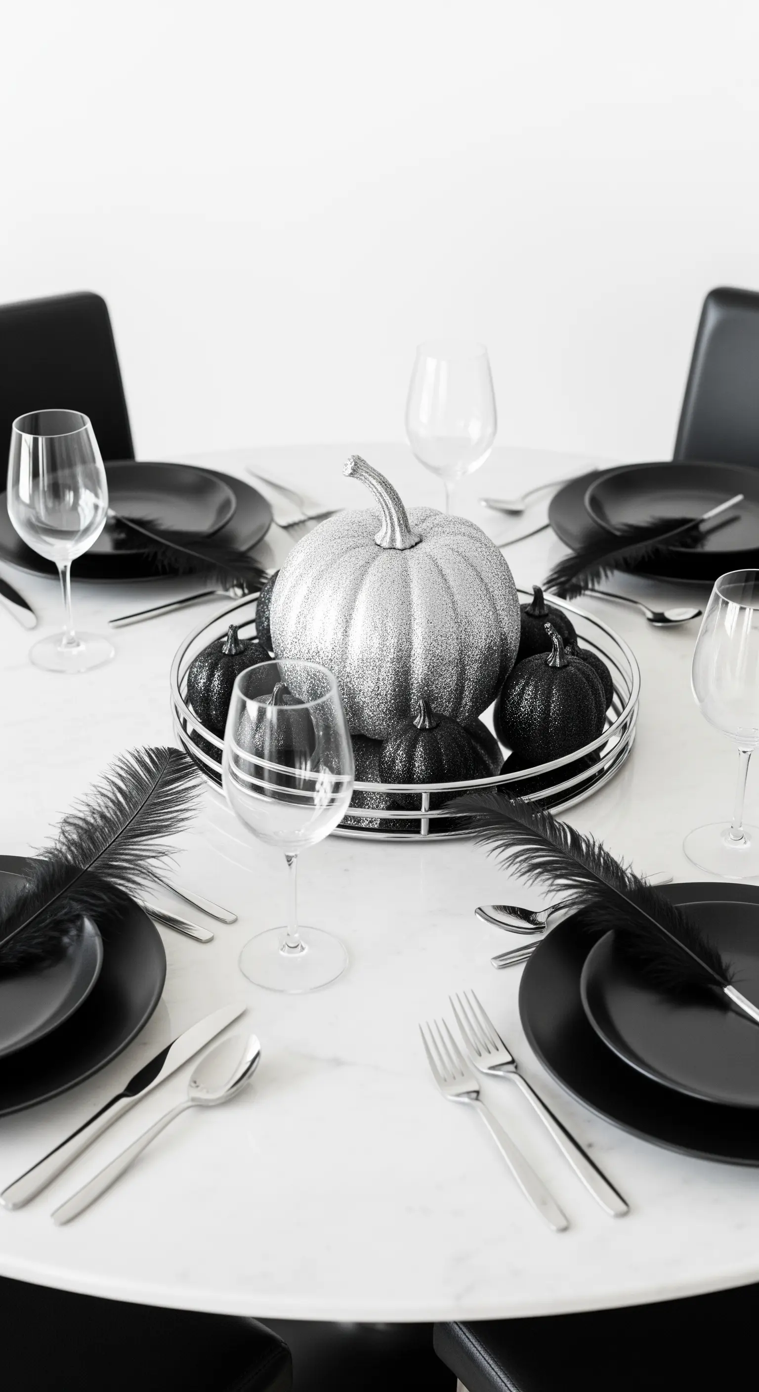 Centrotavola minimalista con zucca argentata e piume nere.
