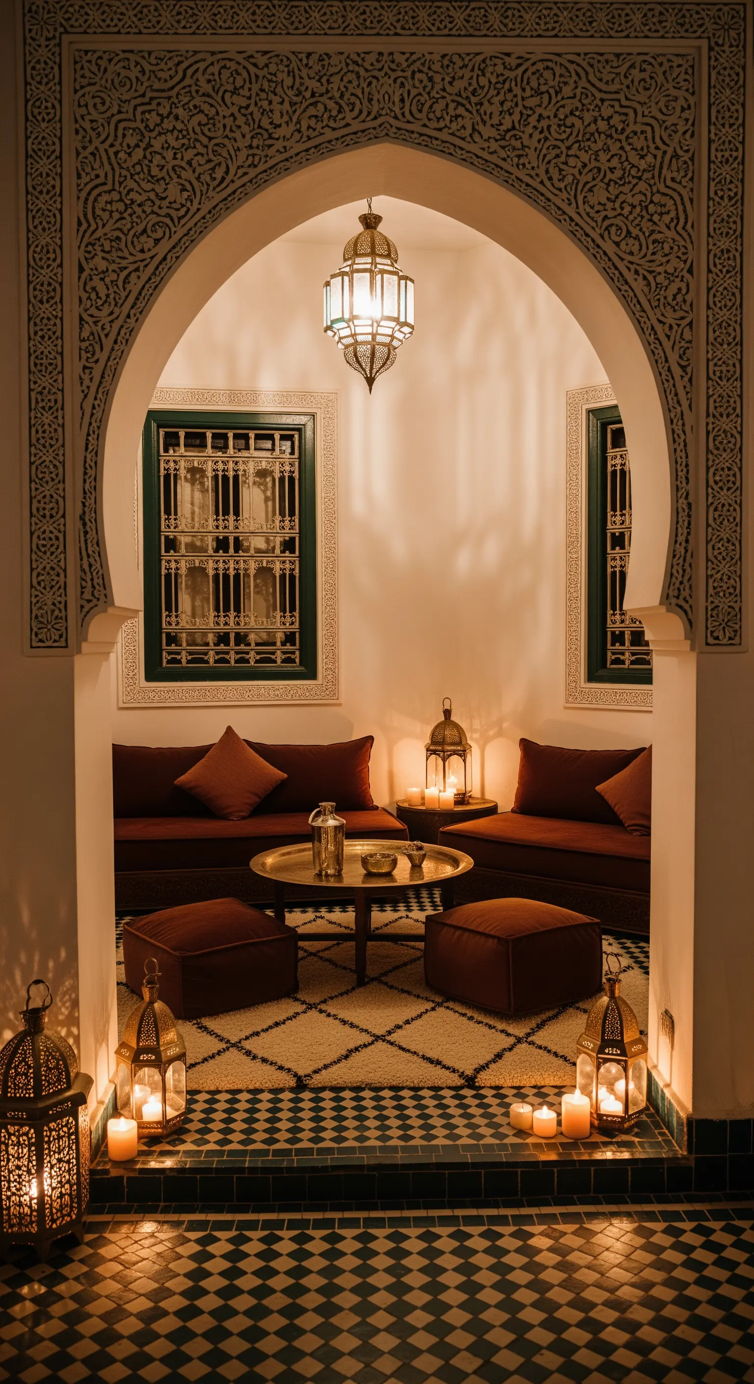 Patio marocchino con divani bassi, tappeto geometrico e lanterne arabe illuminate.