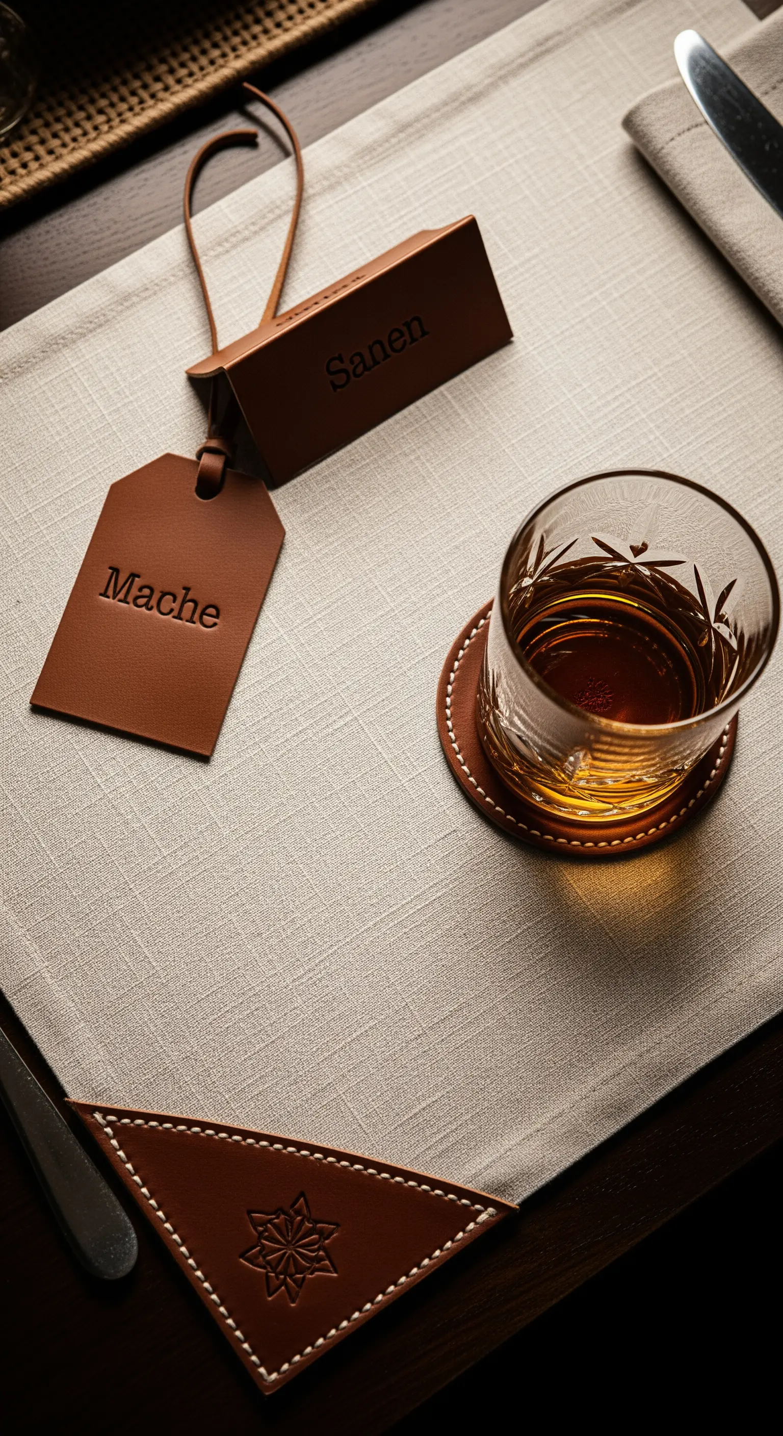 Posto tavola elegante con tovaglietta in lino e dettagli in cuoio, come il segnaposto