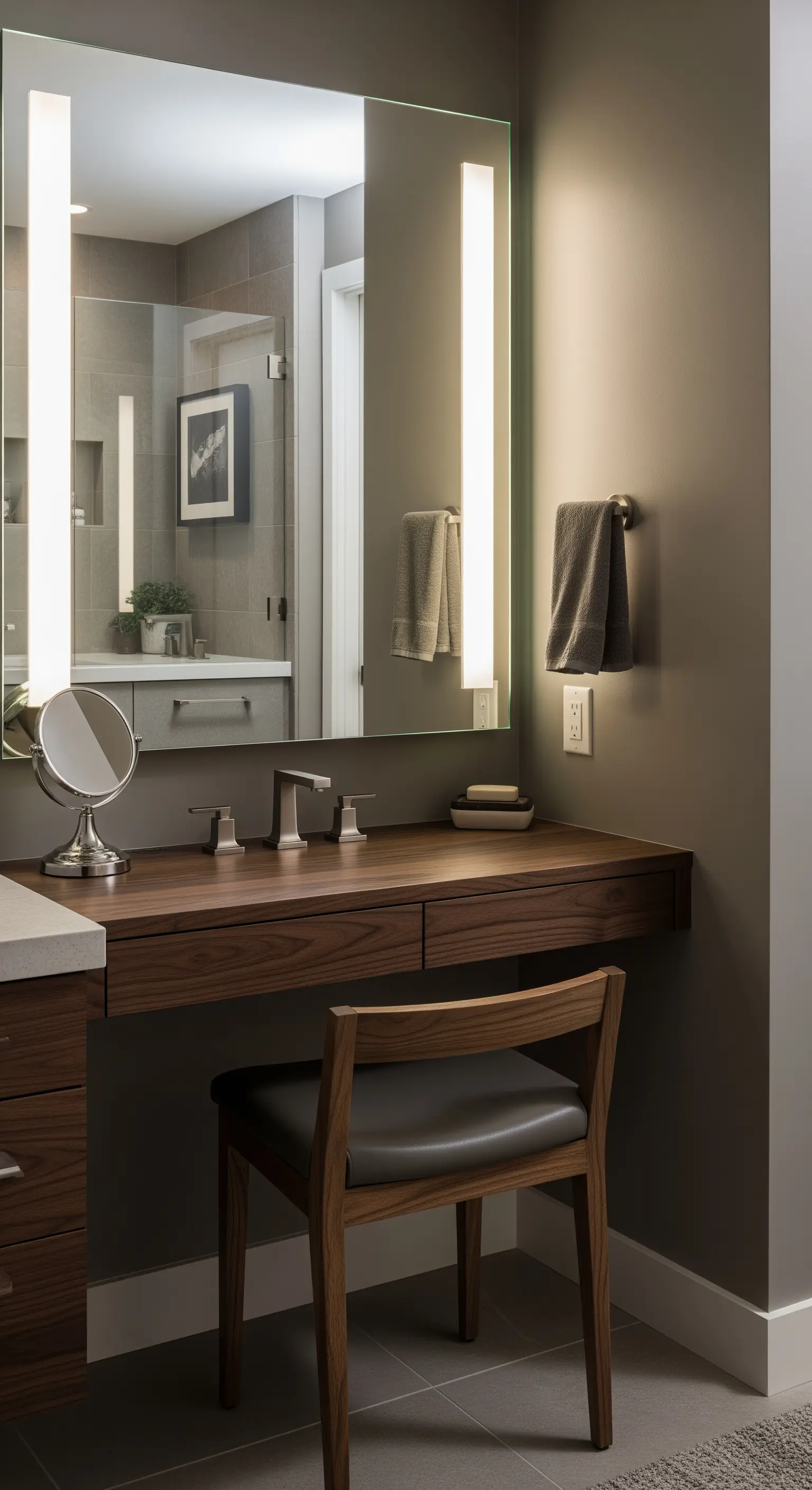 Angolo beauty in legno scuro con specchio a illuminazione verticale e sedia in pelle.