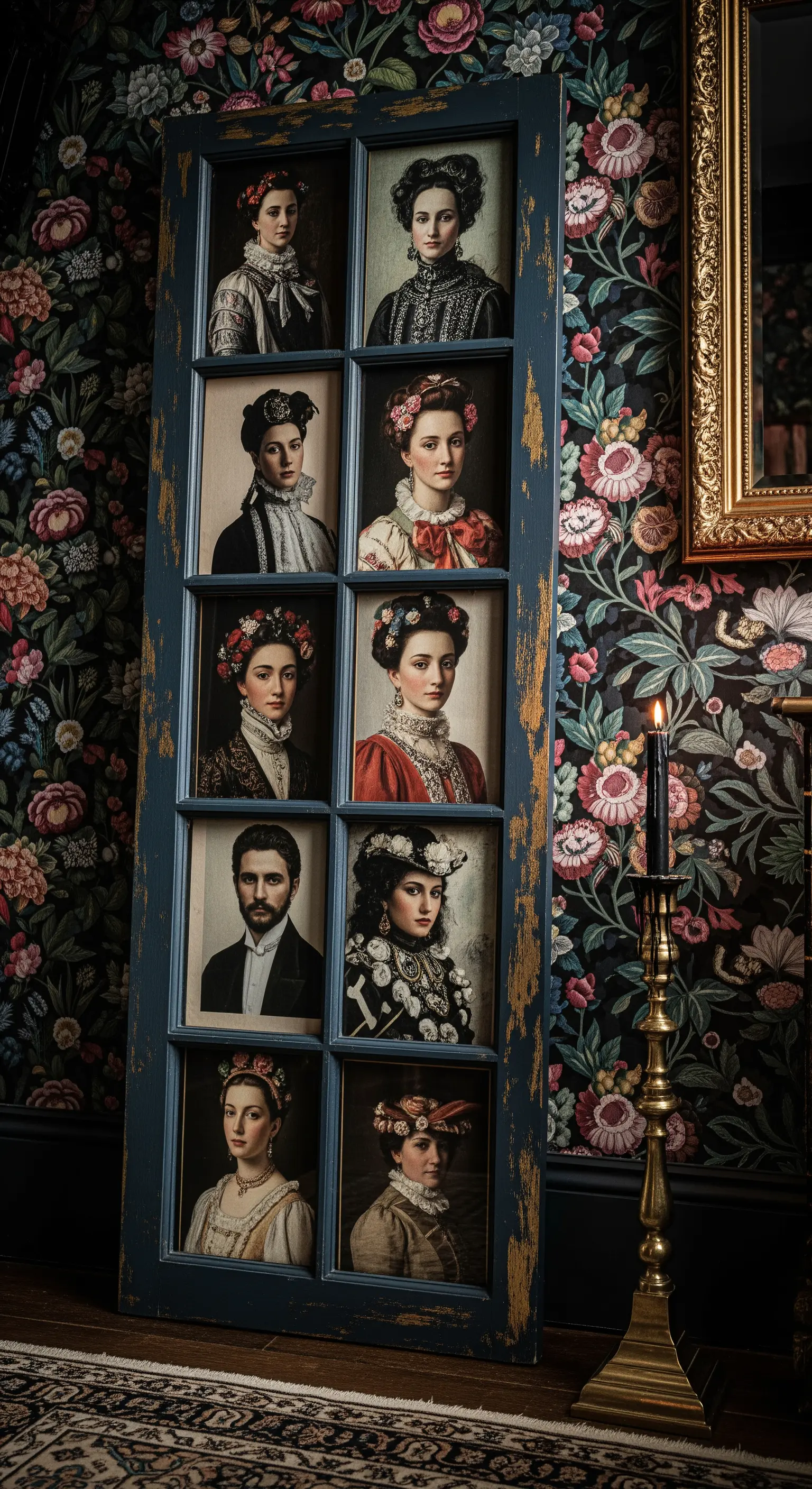 Finestra blu scuro con ritratti d'epoca, appoggiata contro una parete con carta da parati floreale.