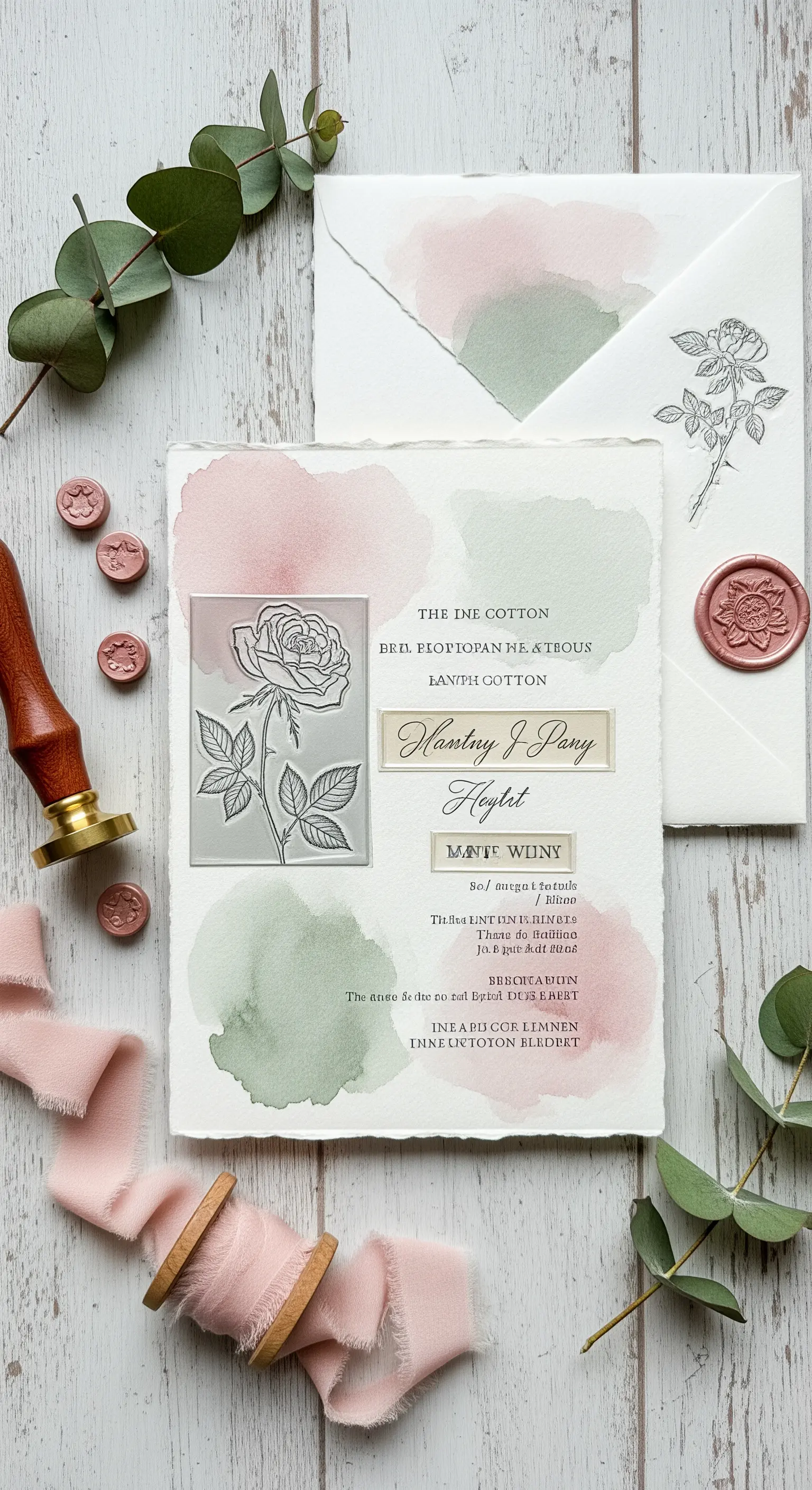 Invito fai-da-te con macchie di acquerello, rosa in rilievo e sigillo in ceralacca rosa.