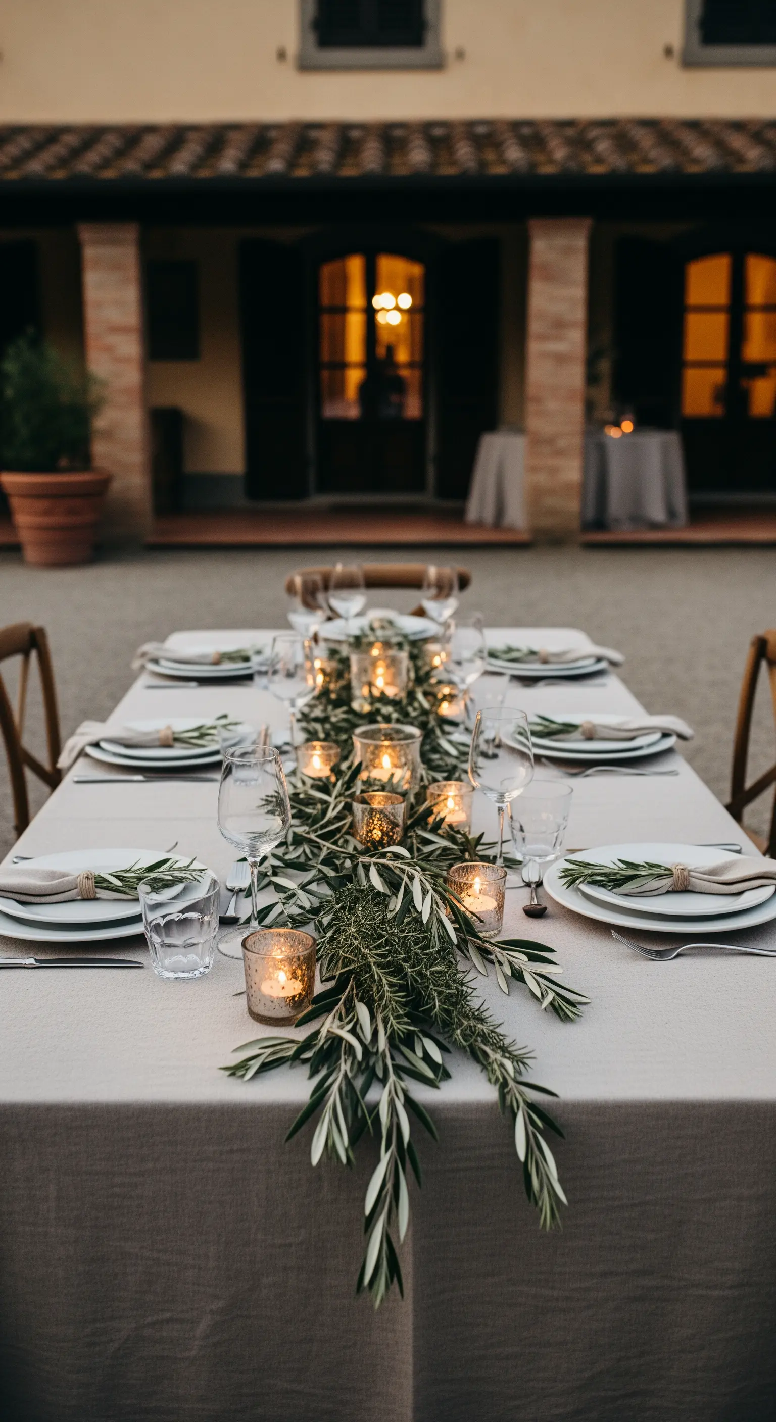 Tavolo con tovaglia in lino grezzo e runner di rami d'ulivo e candele.