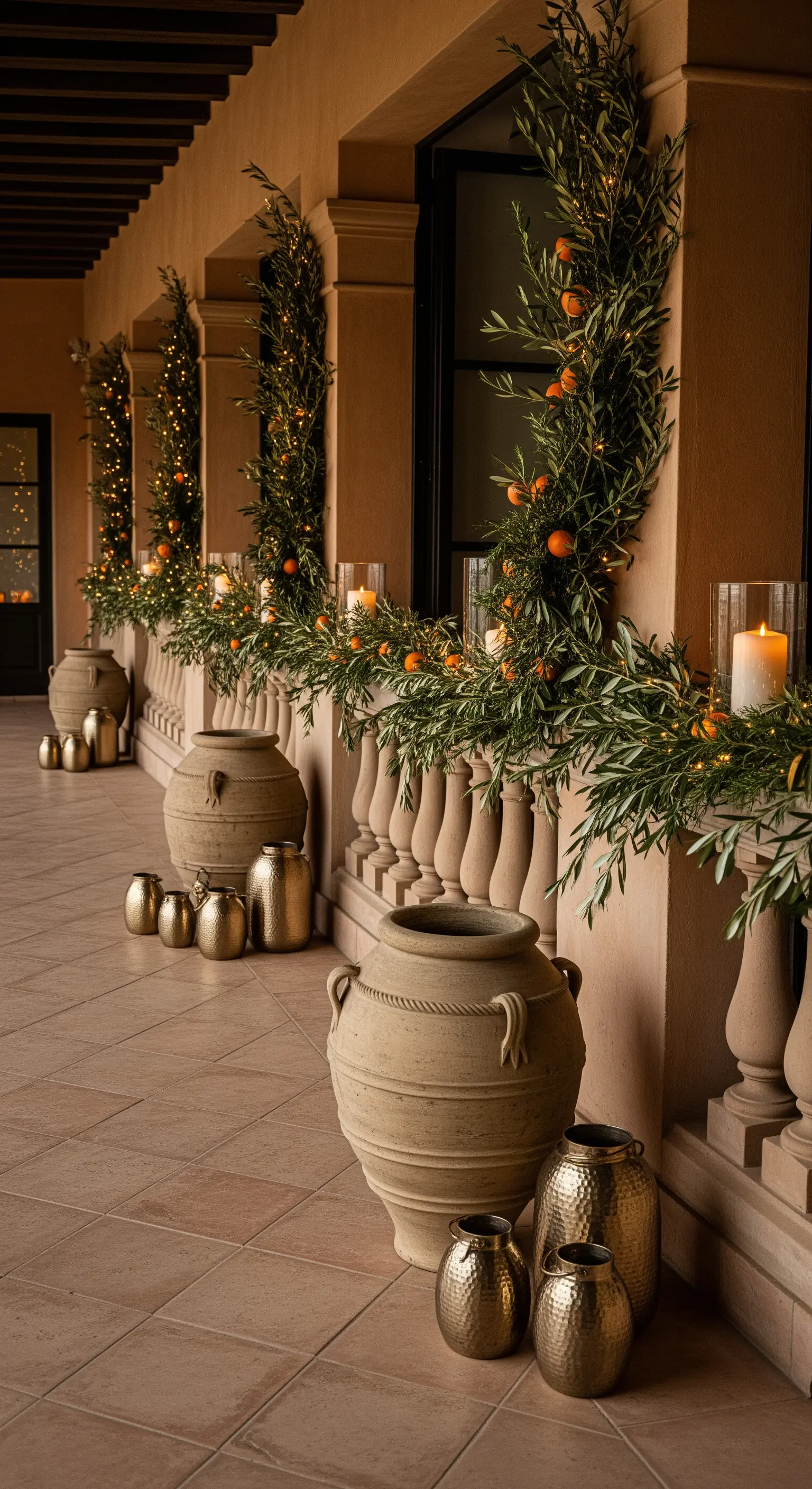 Balcone in stile mediterraneo con ghirlande di ulivo, mandarini e grandi anfore in terracotta