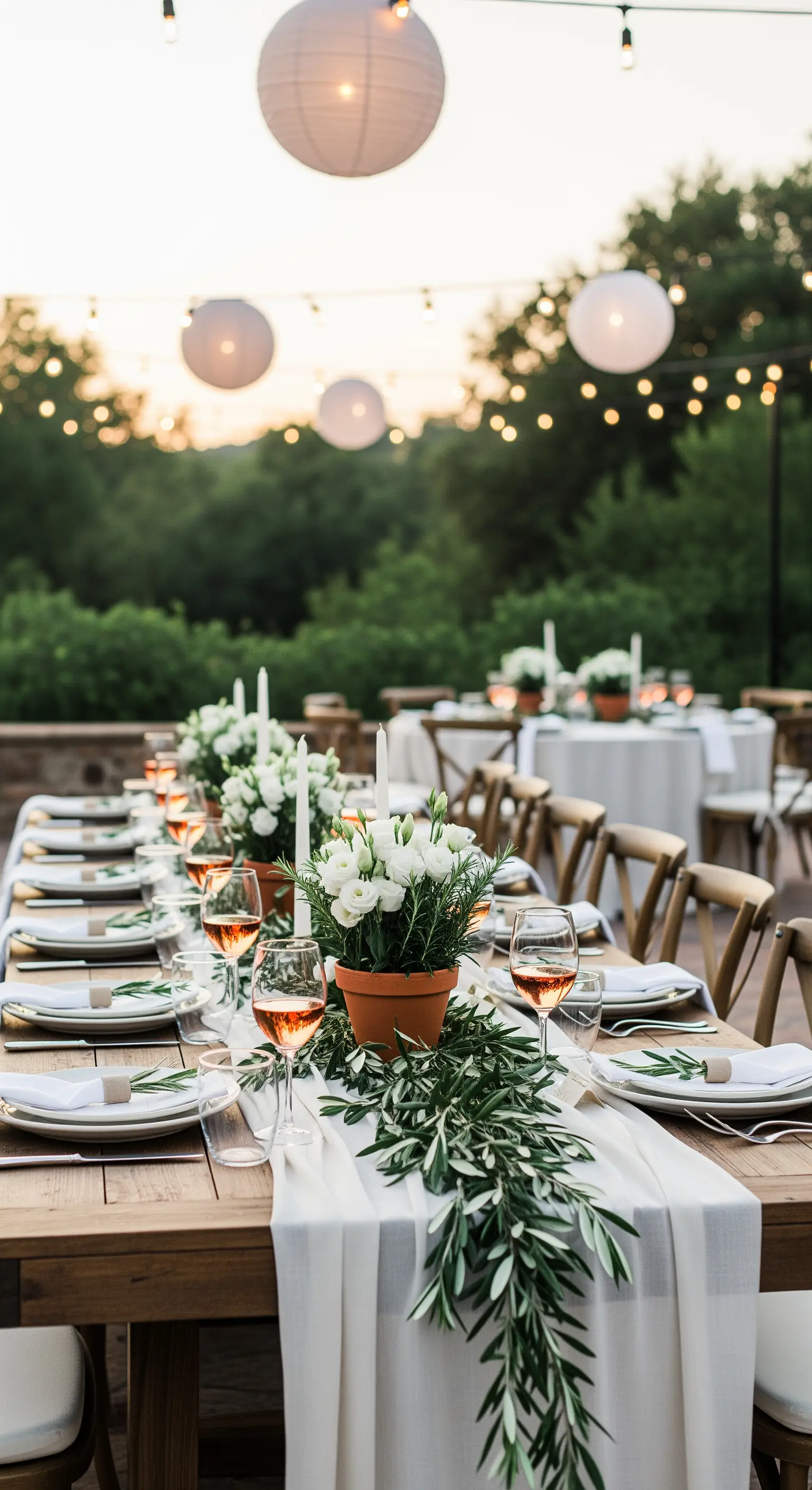 Tavola in legno con runner di rami d'ulivo, fiori bianchi in vasi di terracotta e lanterne sospese.