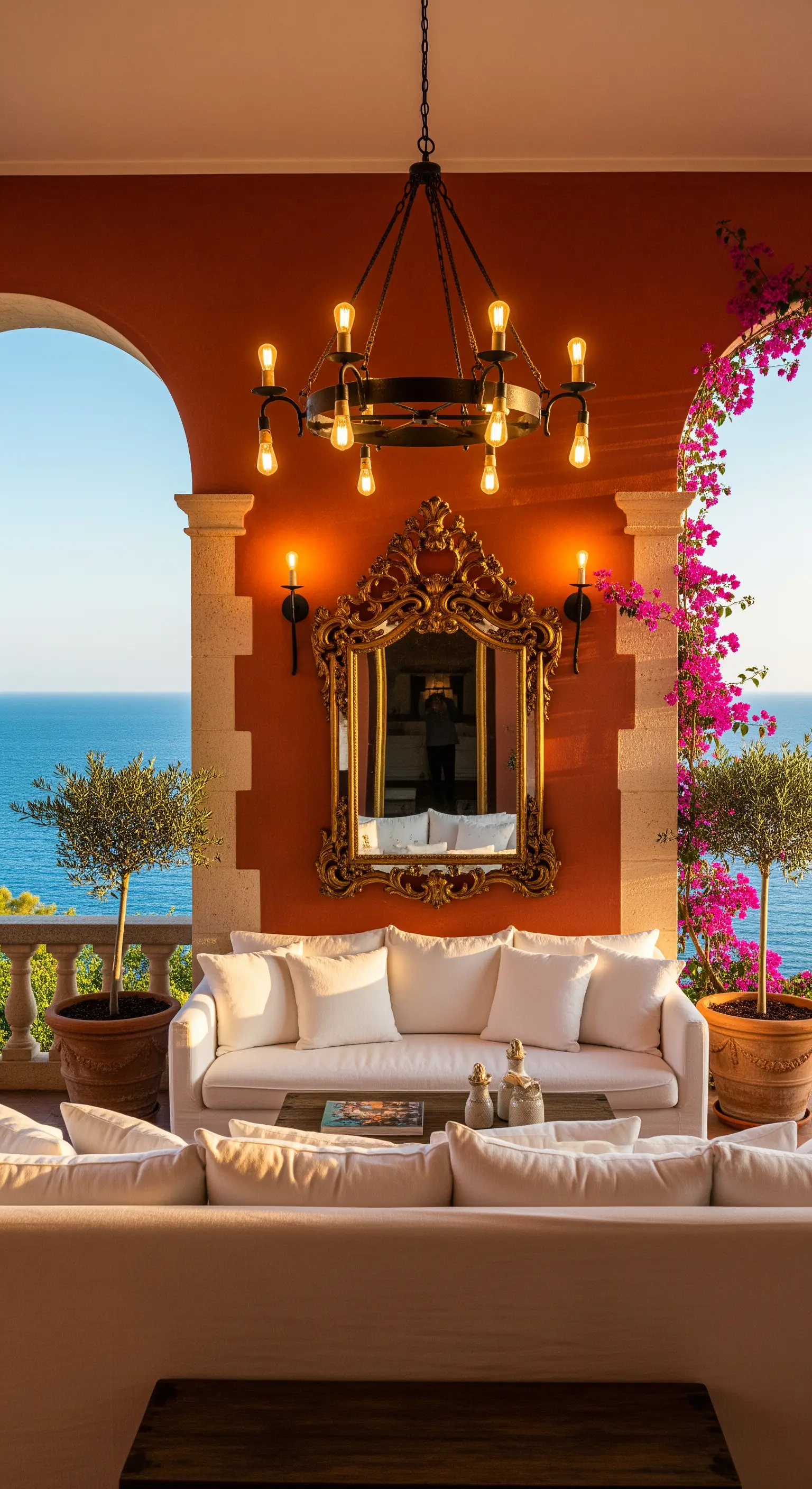 Veranda mediterranea con parete arancione, specchio barocco dorato e divano bianco vista mare