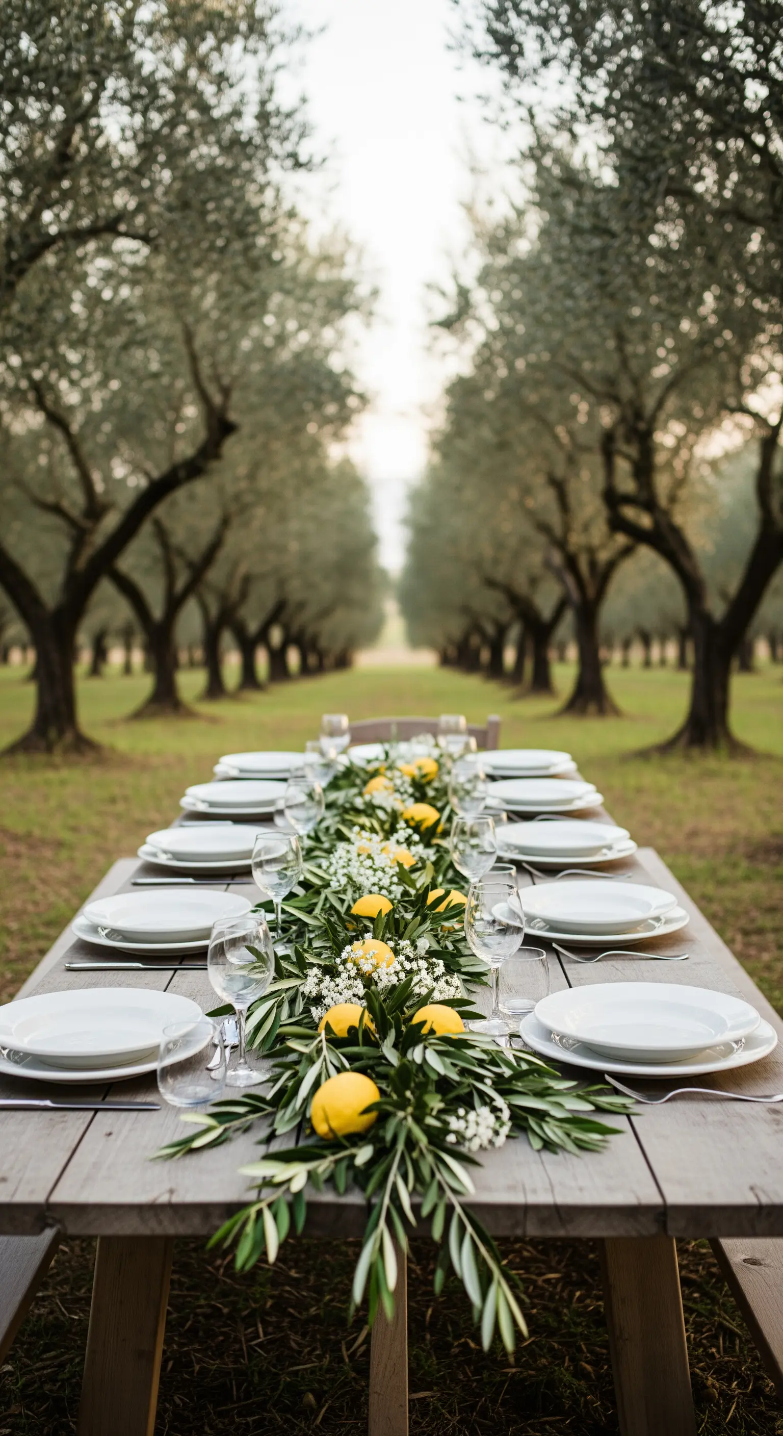 Lunga tavola in un uliveto con una ghirlanda di rami d'ulivo e limoni come centrotavola