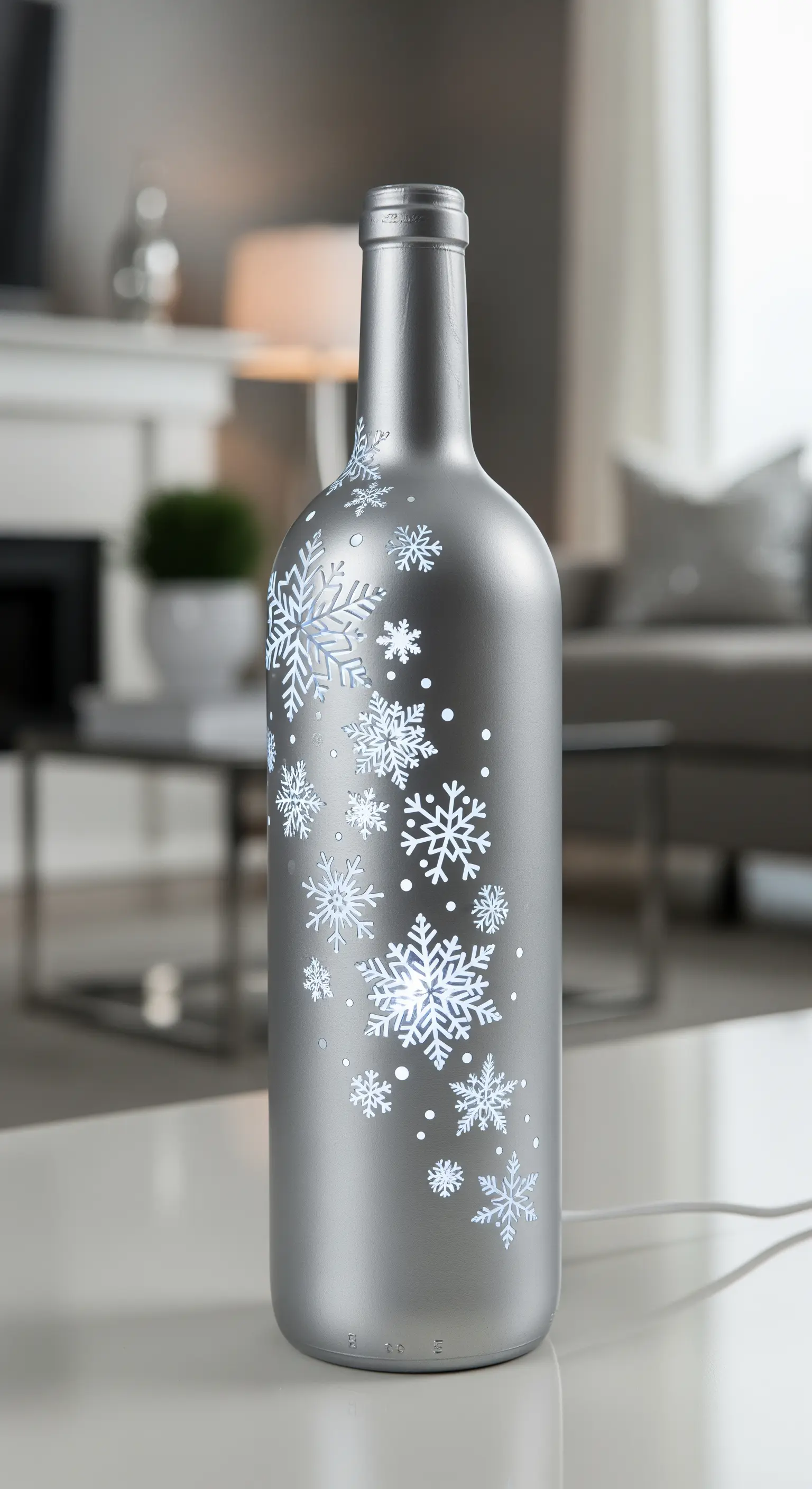 Bottiglia color argento metallizzato con stencil di fiocchi di neve illuminati dall'interno.