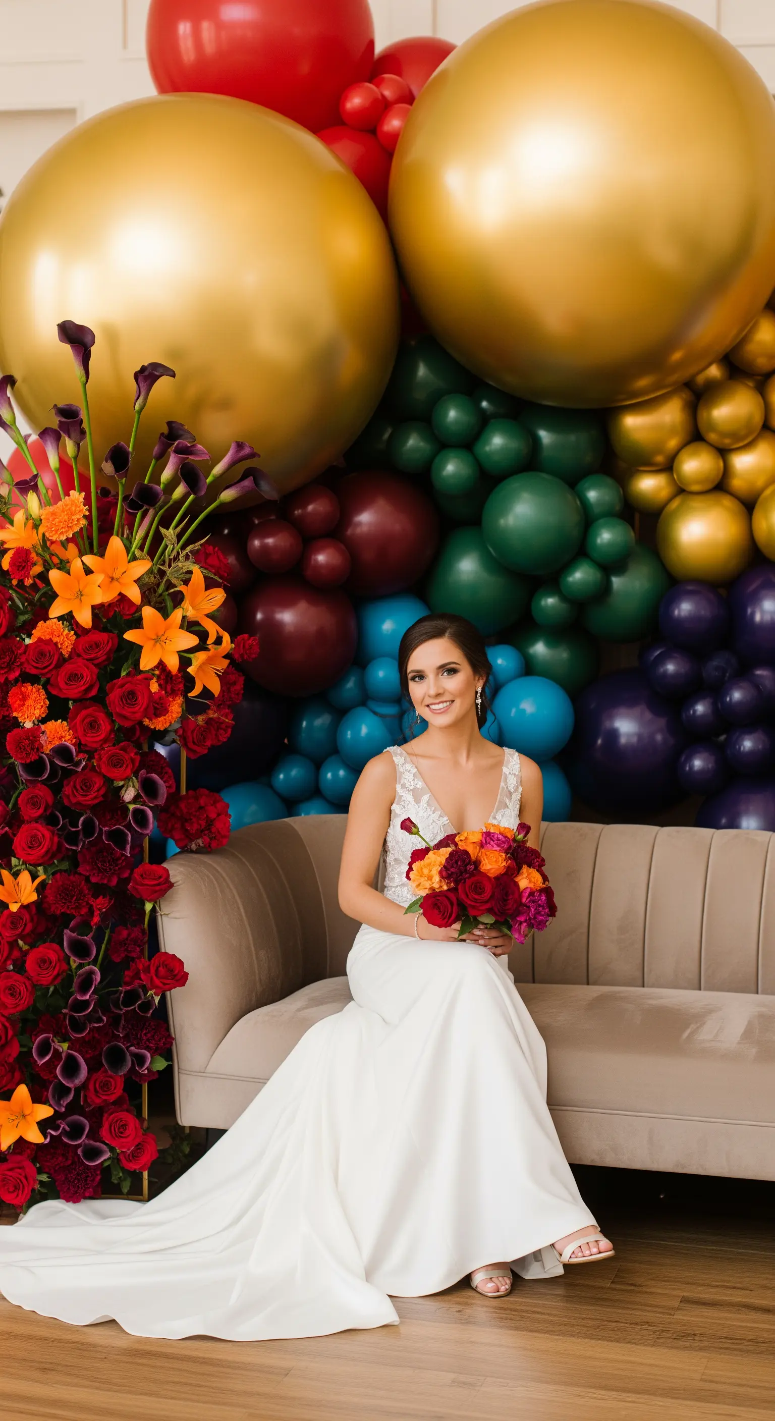 Sposa seduta su un divano davanti a una parete di palloncini in toni scuri e oro.
