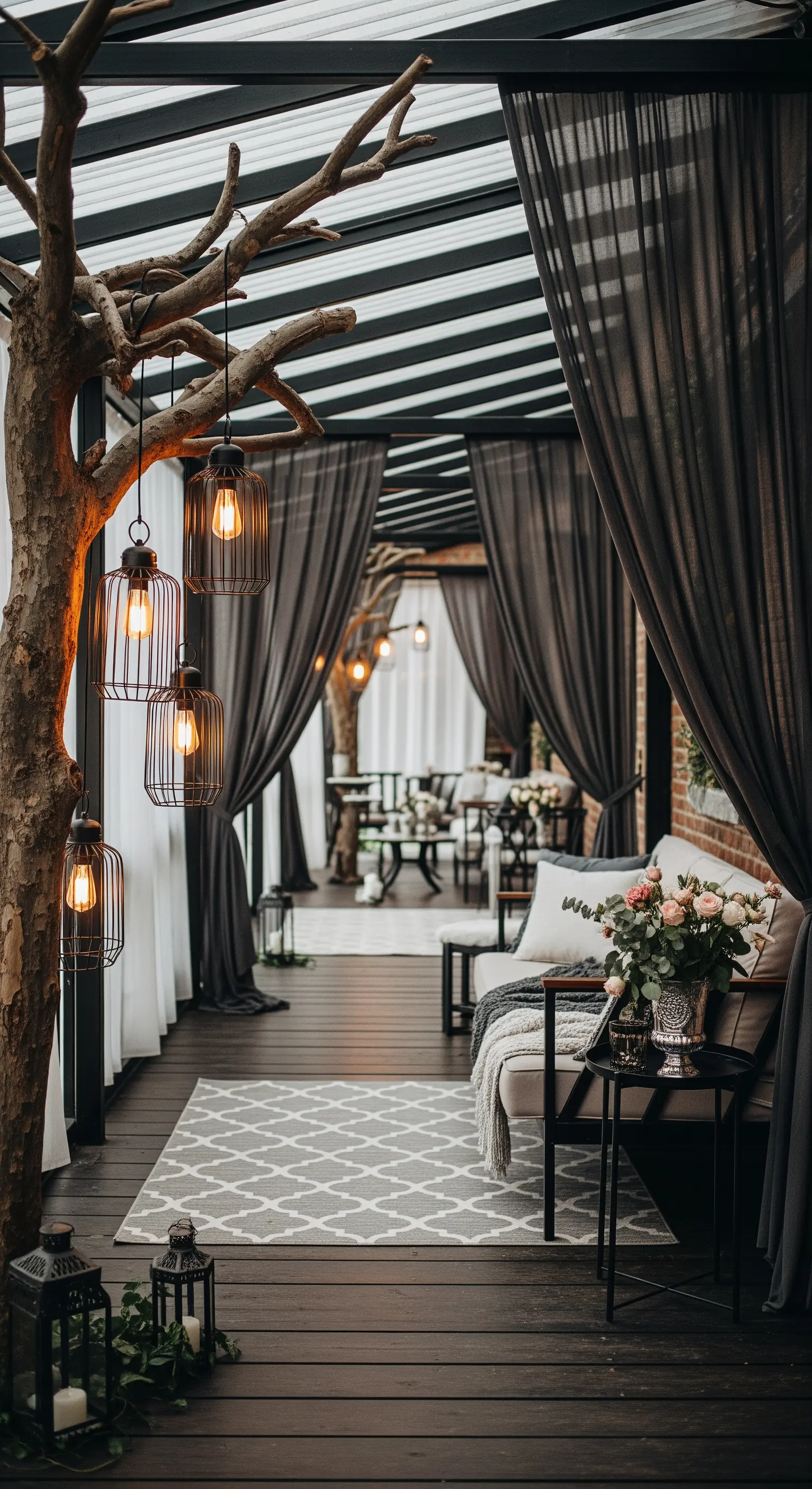 Patio coperto con tende grigio scuro, divano moderno e lanterne a gabbia in stile industriale