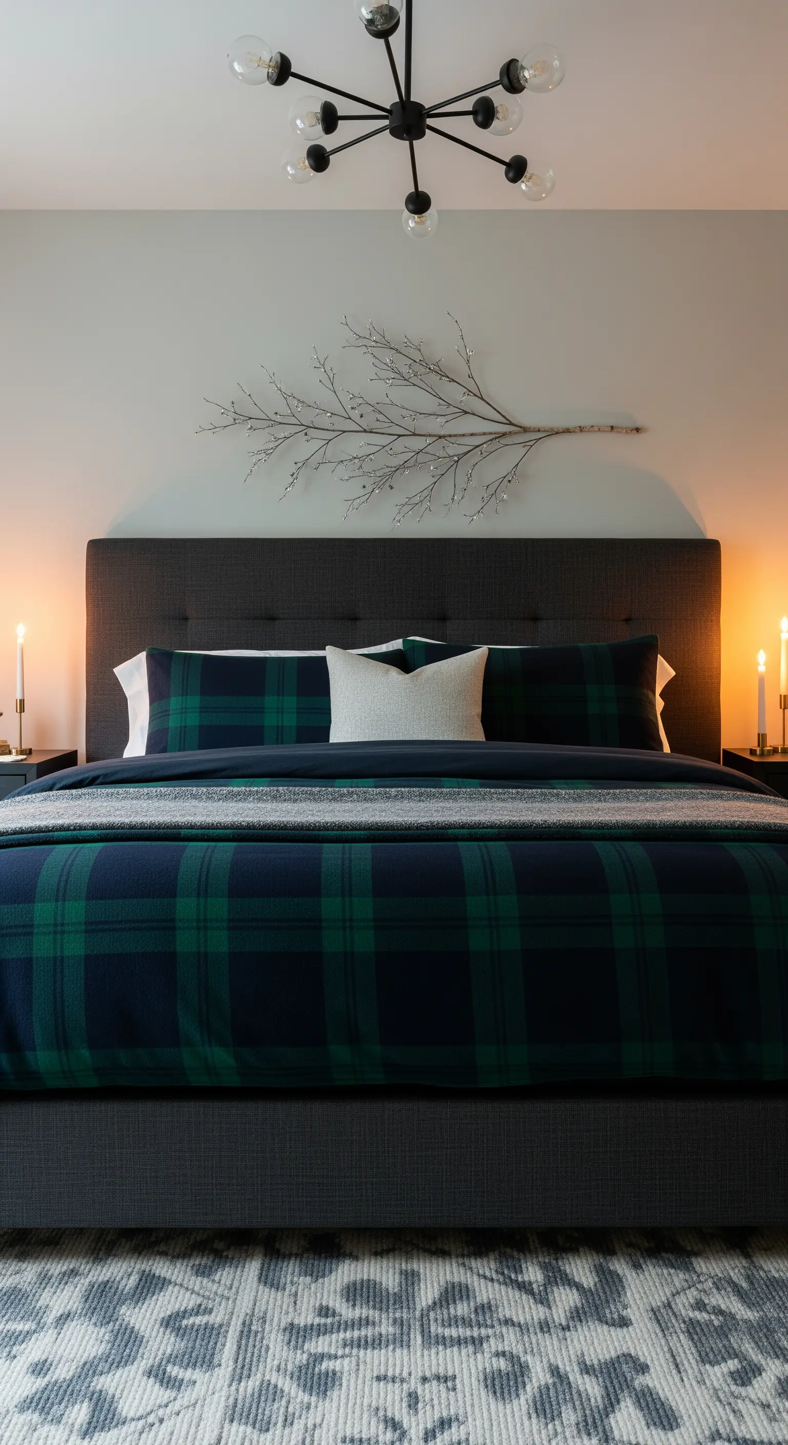 Letto moderno con biancheria tartan verde e blu, lampadario di design e due candele sui comodini.