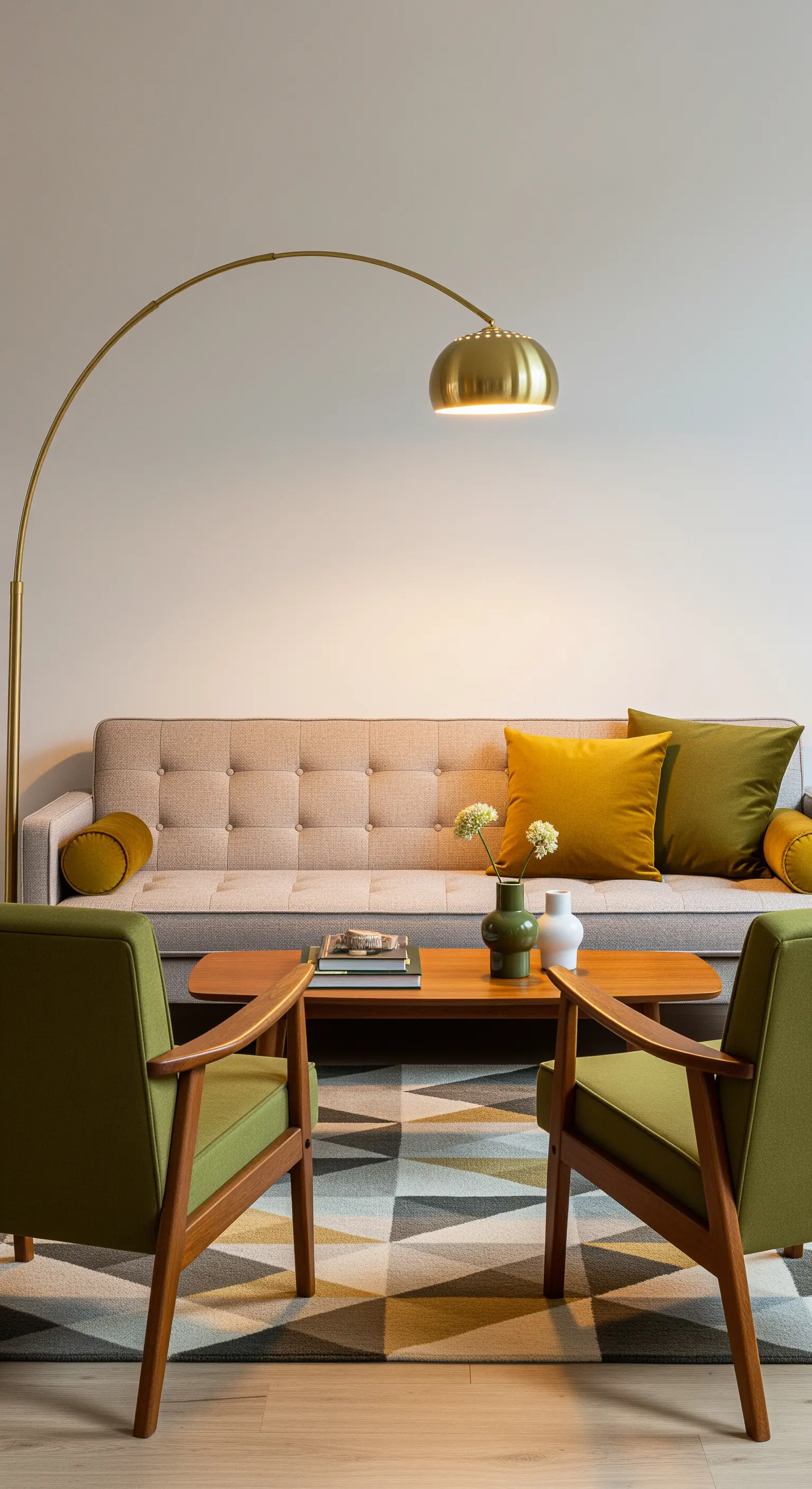 Salotto Mid-Century con poltrone verdi, cuscini senape e una lampada ad arco in ottone.