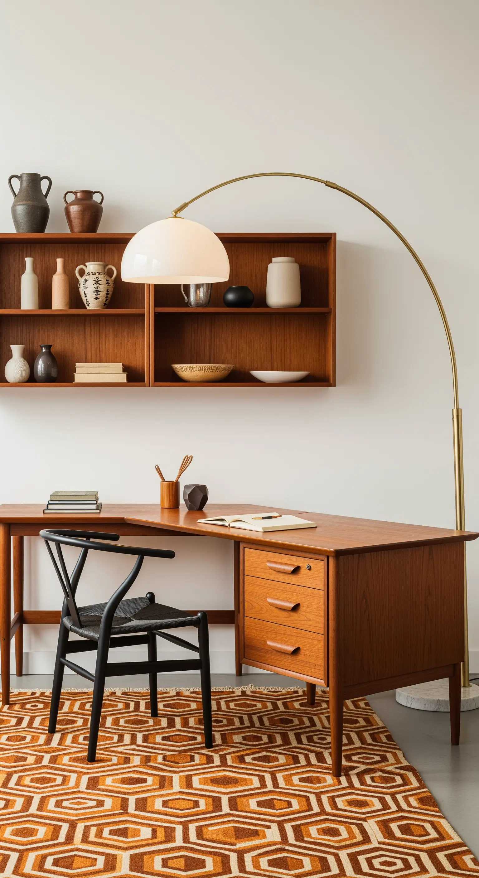 Scrivania a L in legno di teak, sedia nera e lampada ad arco in ottone.