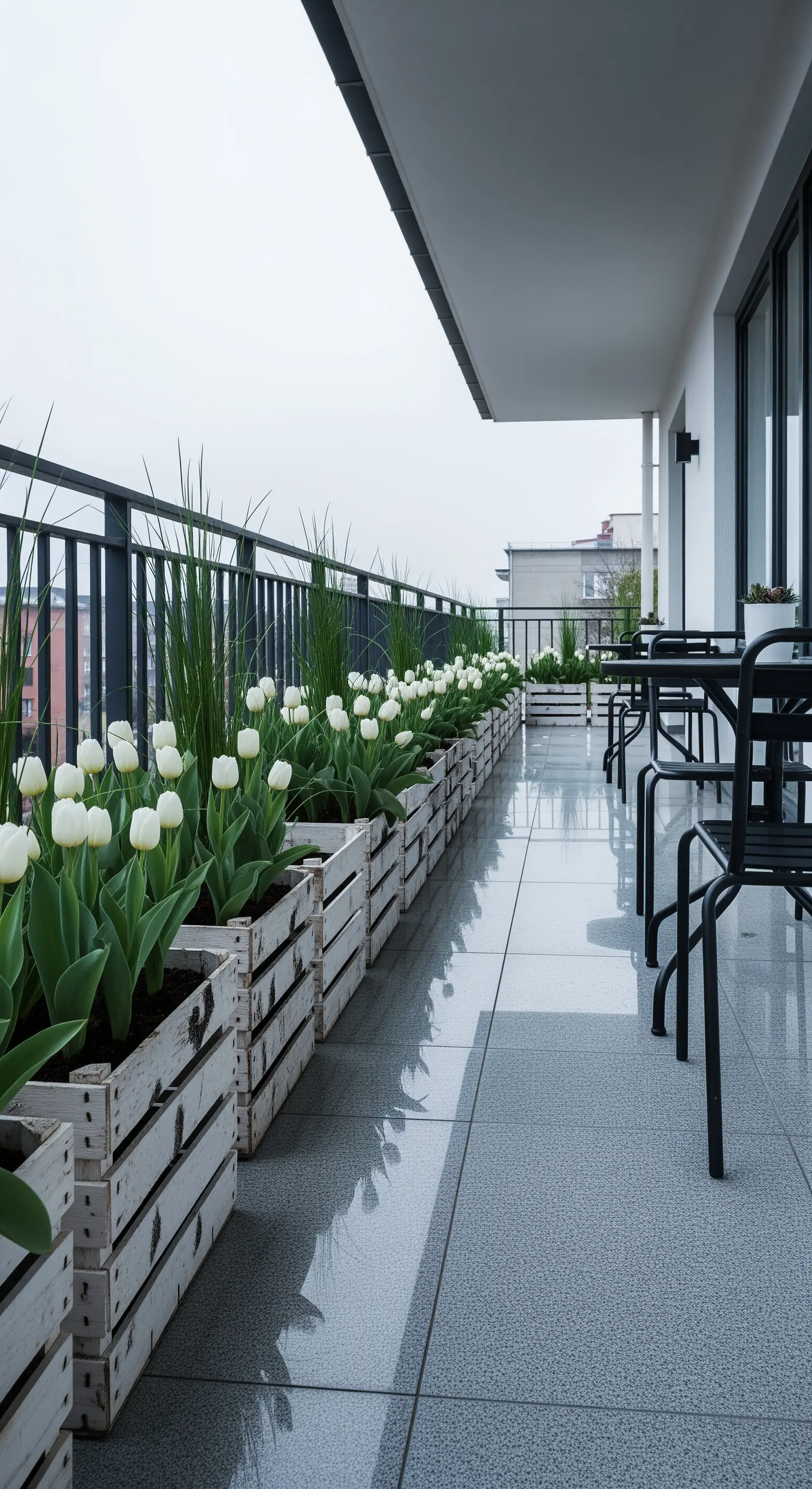 Lunga fila di cassette di legno dipinte di bianco con tulipani bianchi su un balcone moderno.
