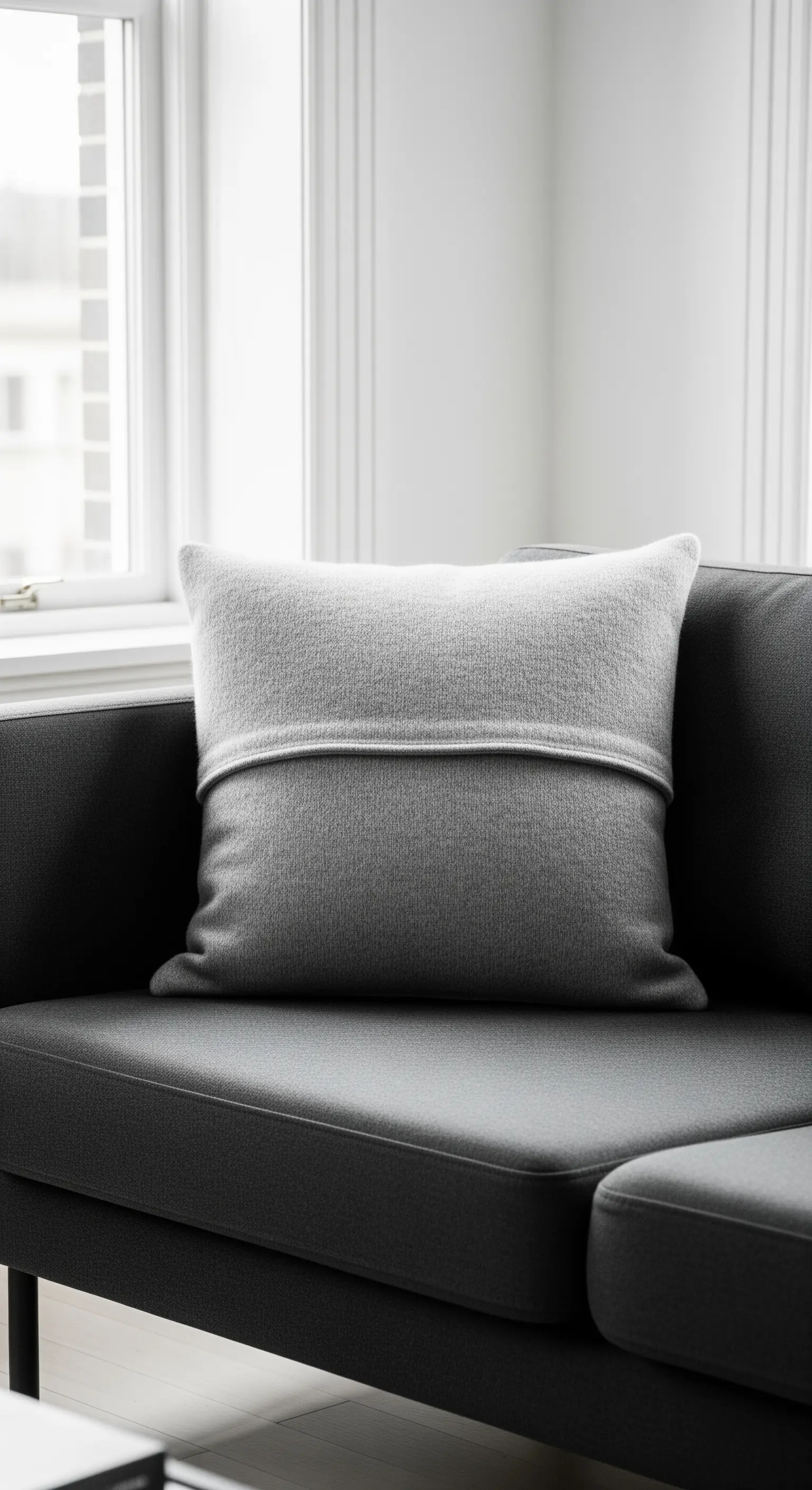 Cuscino grigio in maglia liscia su un divano moderno, con bordo originale del maglione.