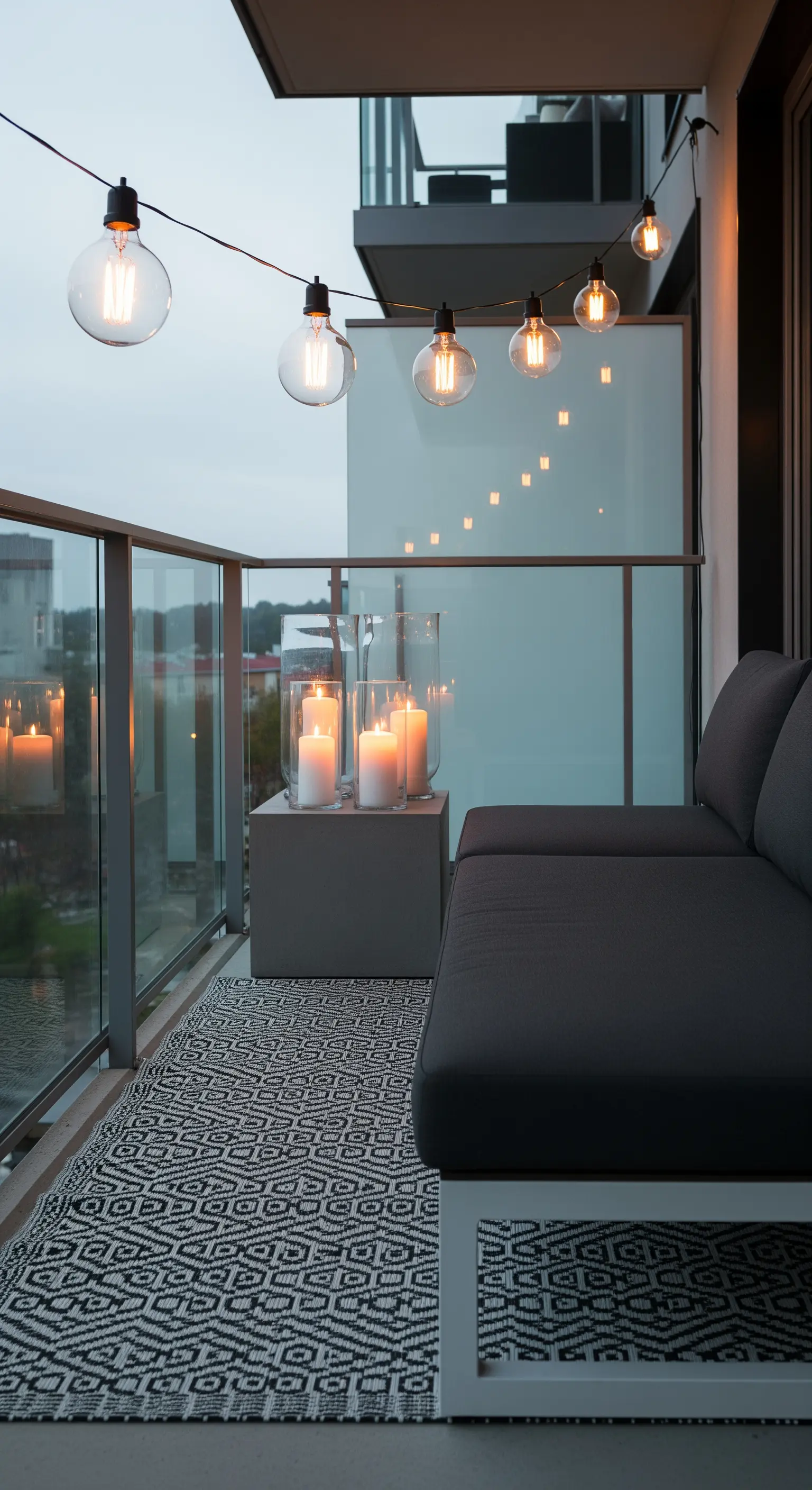 Balcone moderno con divano grigio, tappeto geometrico e un filo di lampadine a bulbo.