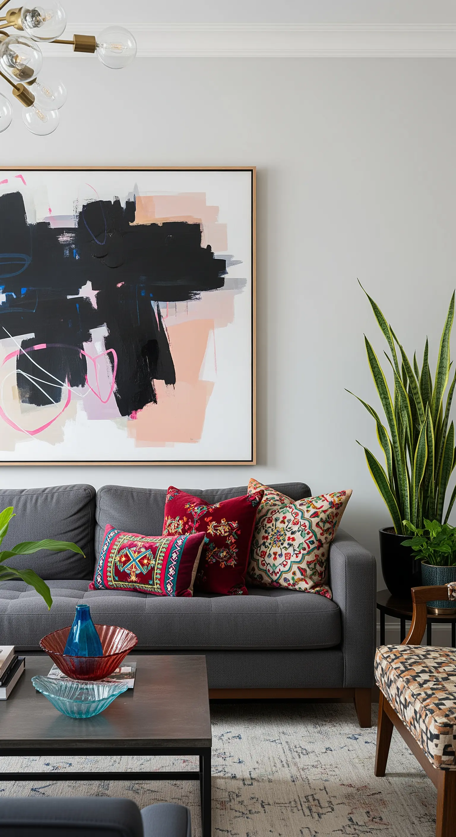 Divano grigio con cuscini ricamati rossi, un quadro astratto e una sedia animalier.