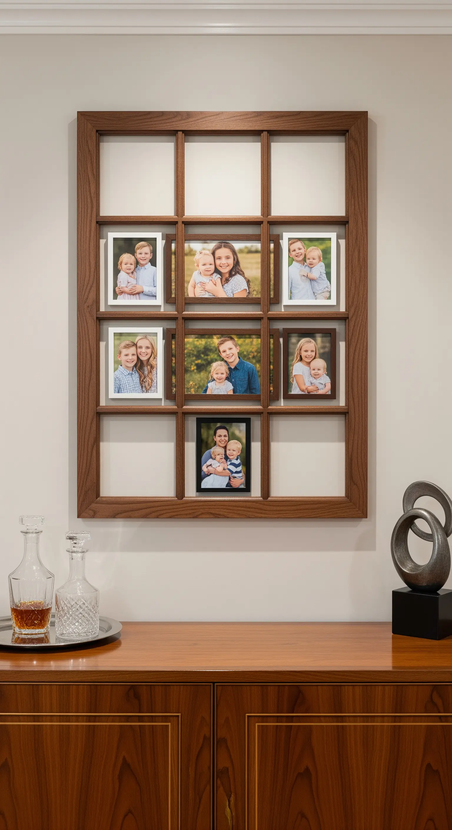 Cornice a griglia in legno scuro appesa sopra una credenza moderna, con alcune foto di famiglia.
