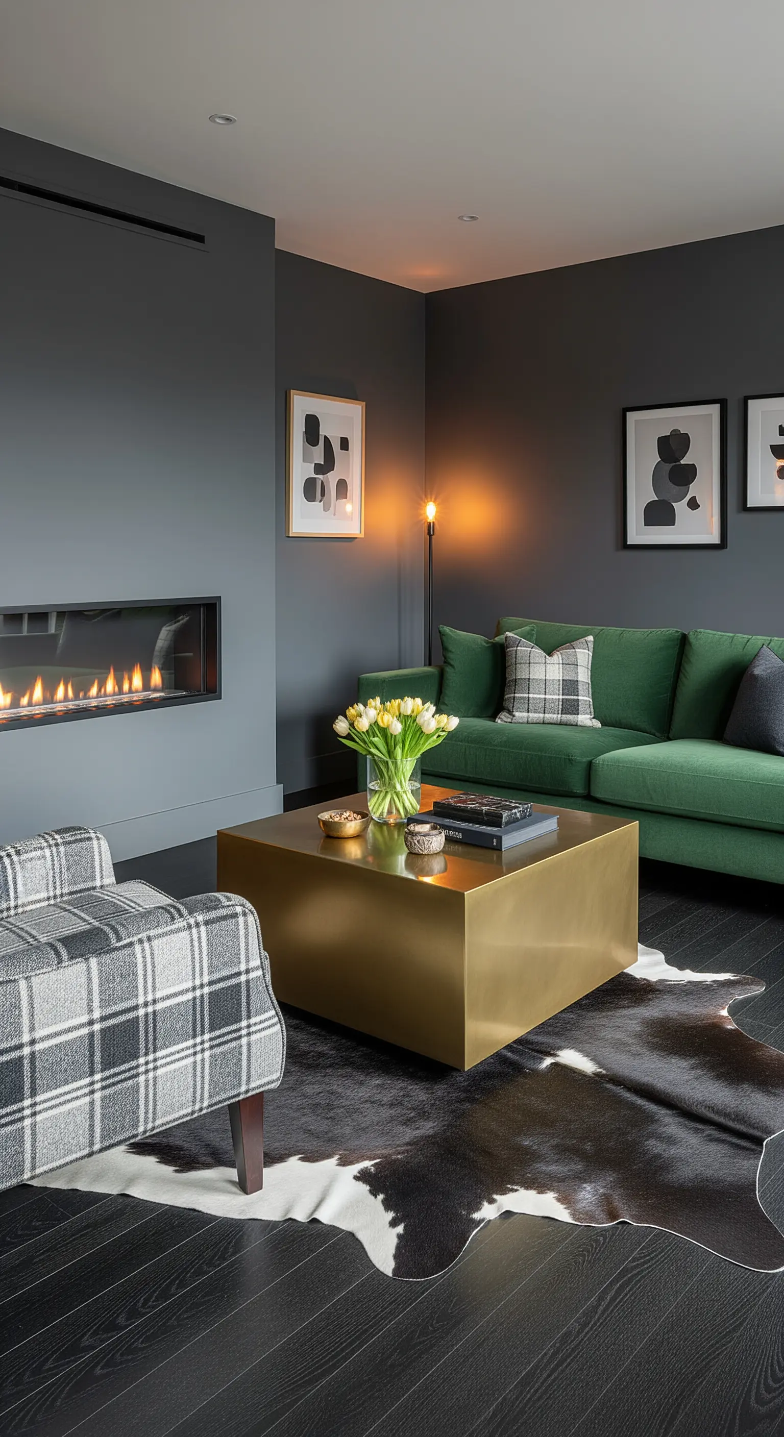 Soggiorno moderno con pareti grigie, divano verde, tavolino a cubo in ottone e poltrona plaid.