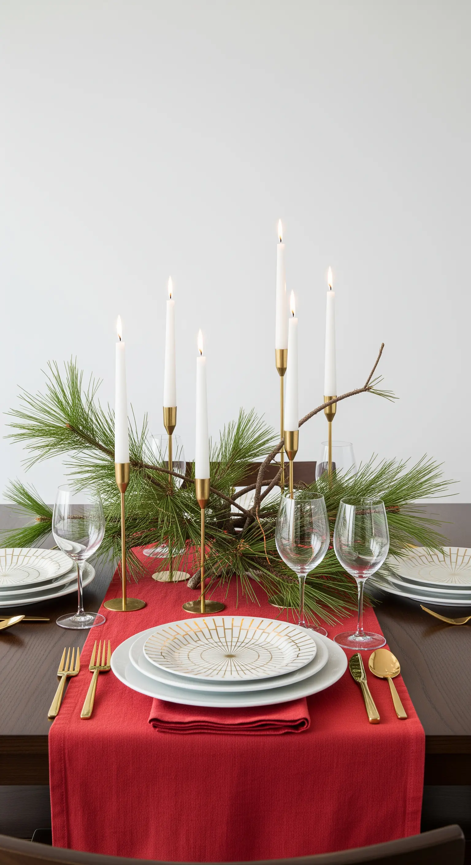 Tavola natalizia moderna con runner rosso, candelabri in ottone e piatti con decoro dorato.