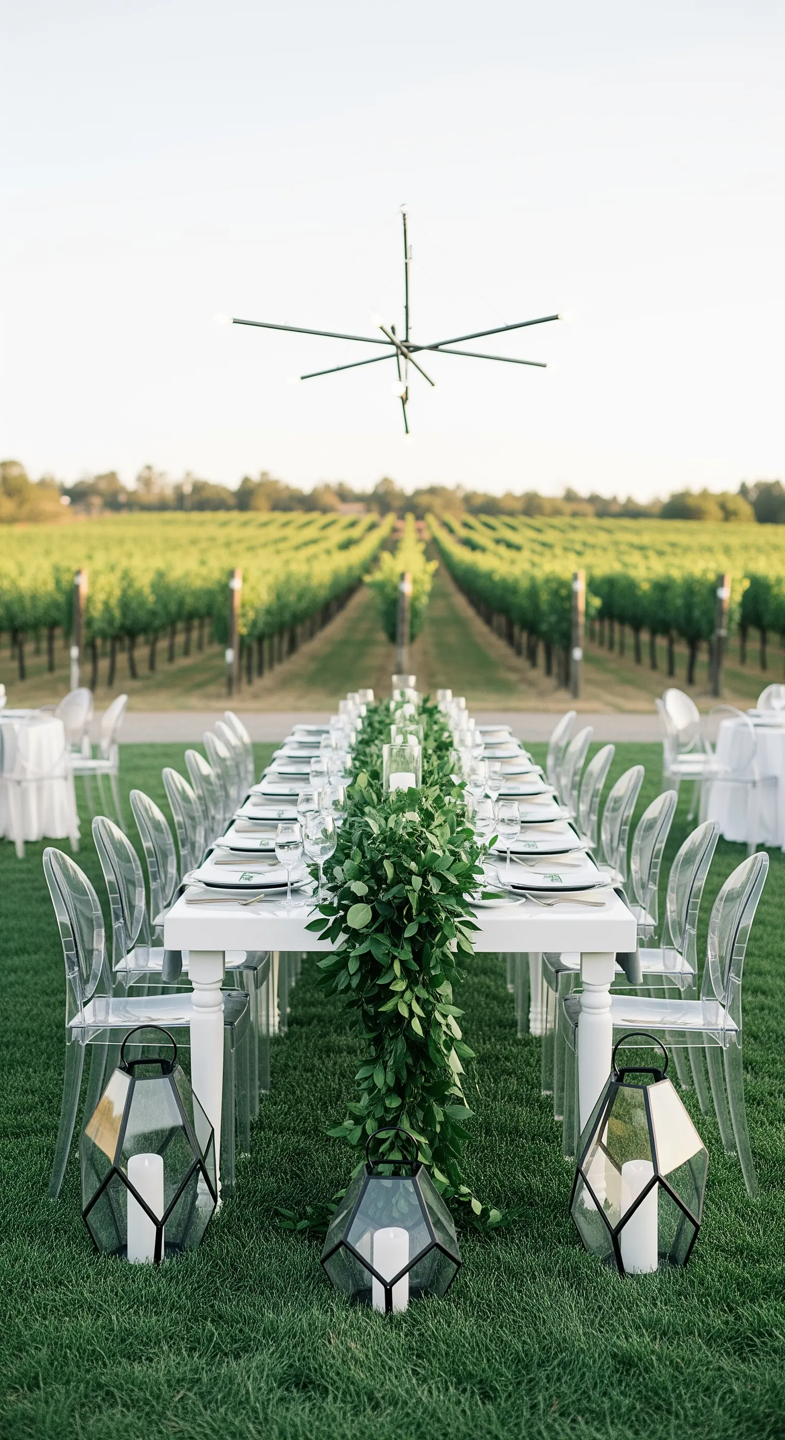 Tavolo bianco con sedie trasparenti e runner di foglie verdi in un vigneto.