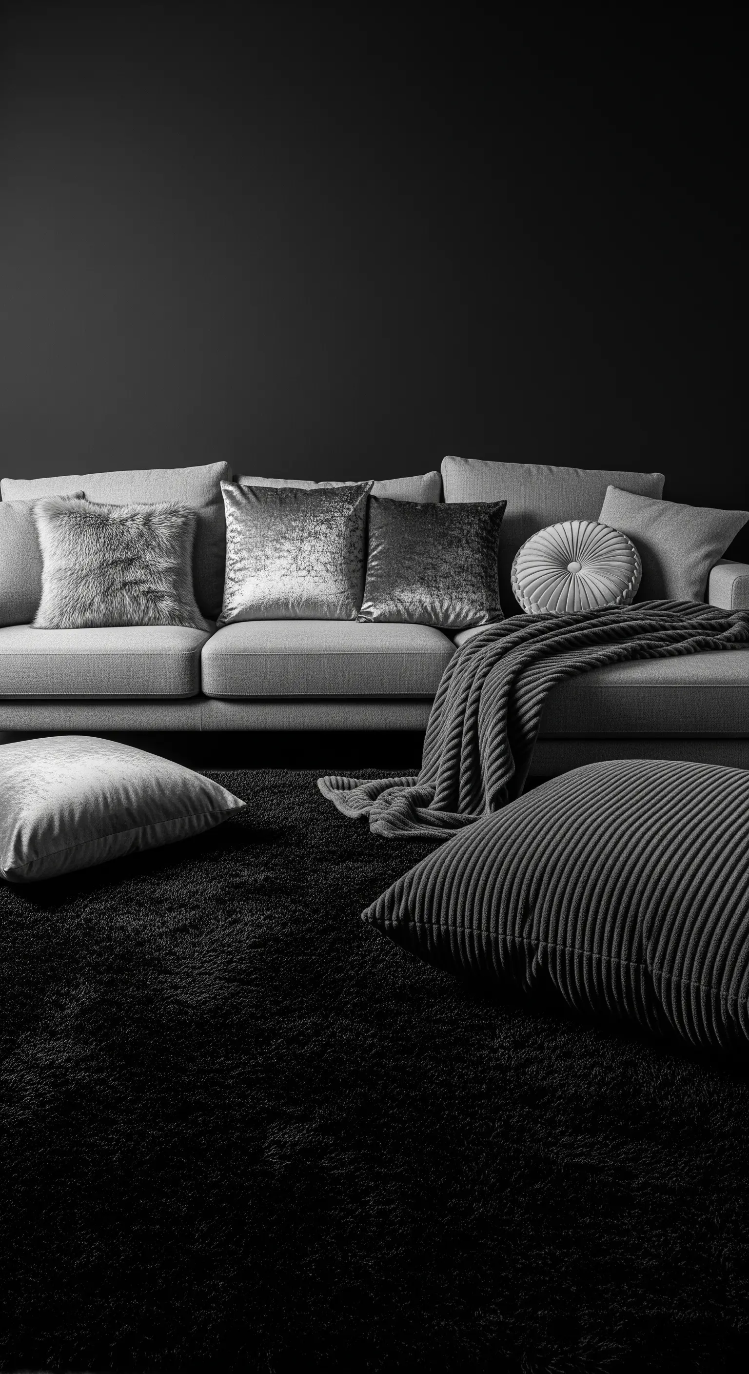 Salotto monocromatico scuro con divano grigio, cuscini in velluto e tappeto nero a pelo lungo.