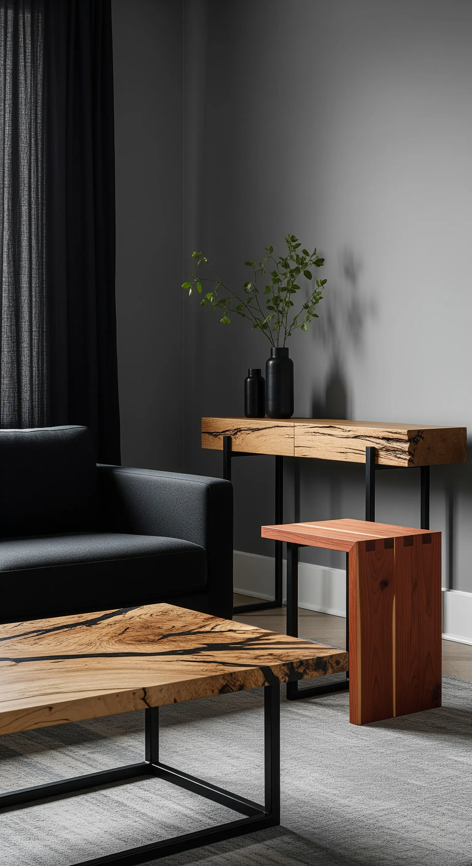 Soggiorno scuro con mobili in legno grezzo e metallo nero che risaltano su pareti grigie.