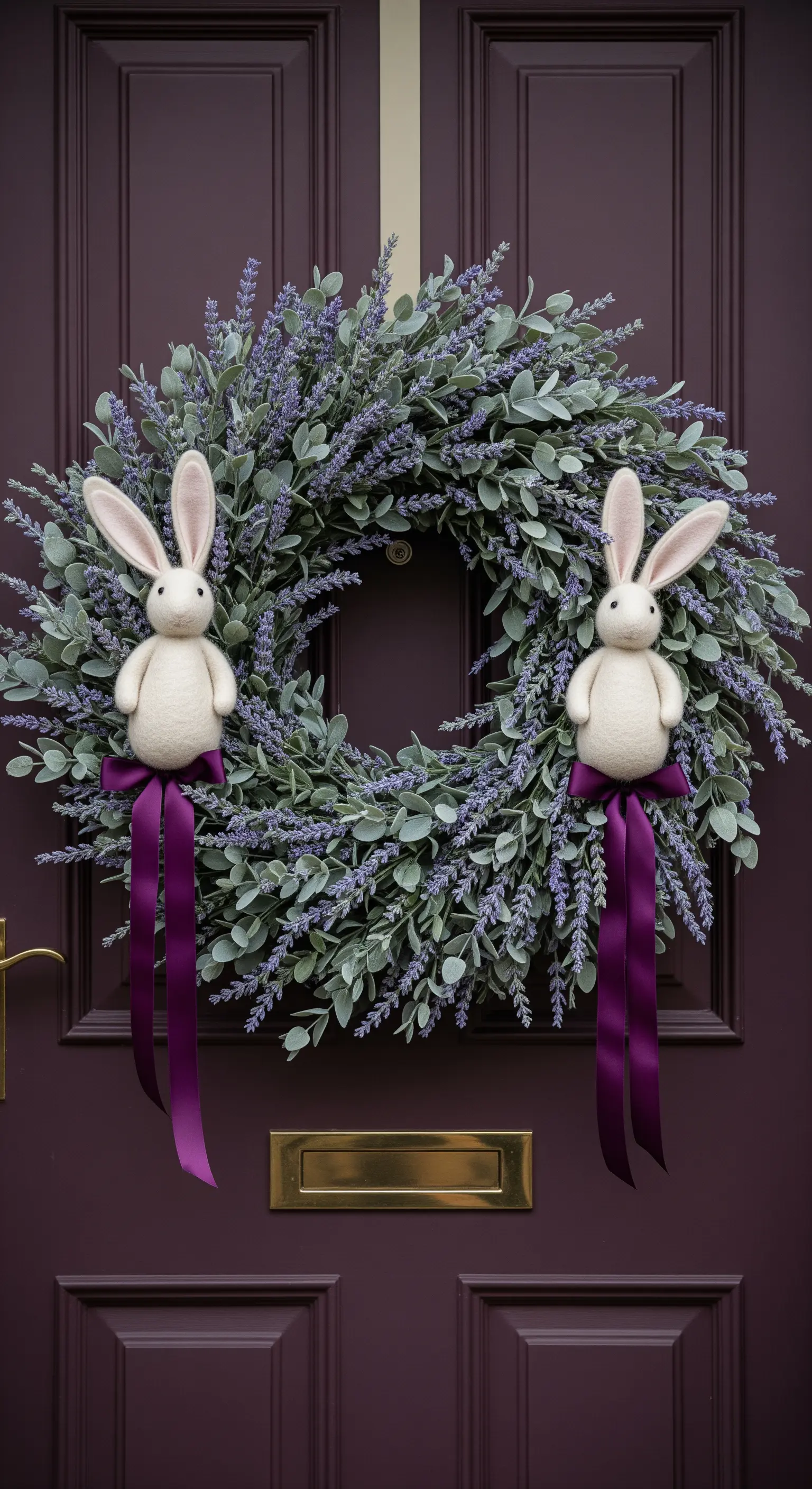 Ghirlanda di eucalipto e lavanda con due coniglietti bianchi e fiocchi viola.