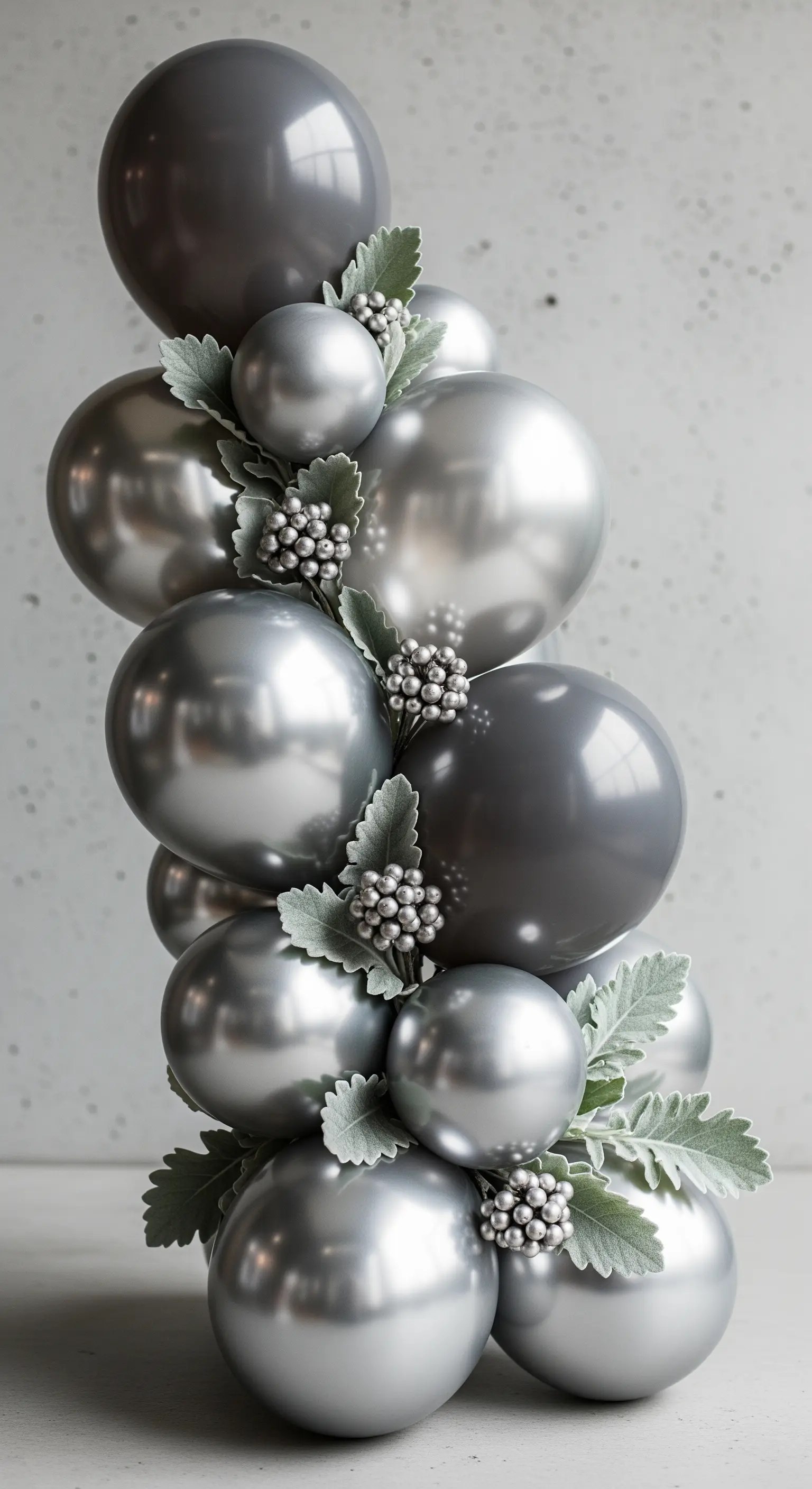 Torre di palloncini grigi e argento con foglie argentate di cineraria e bacche di brunia.