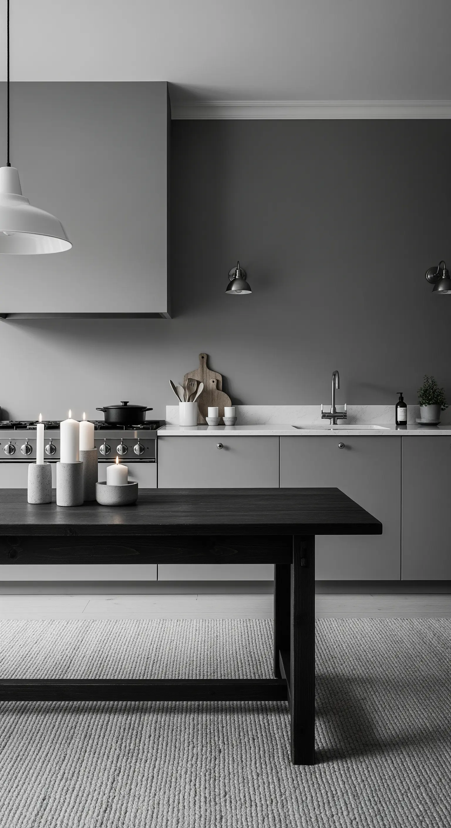 Cucina grigia monocromatica con tavolo nero, tappeto grigio chiaro e portacandele in cemento.