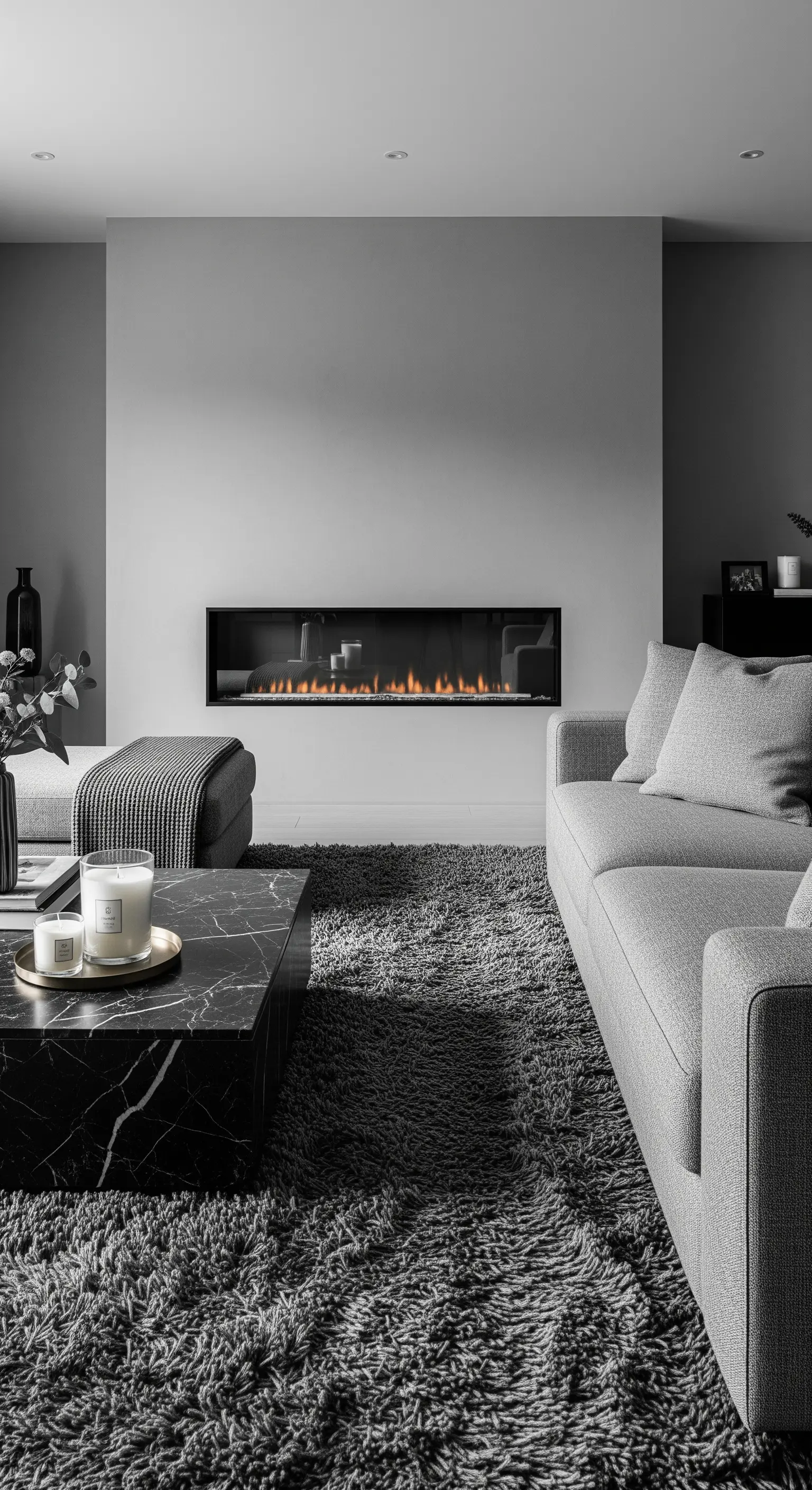 Soggiorno monocromatico grigio con tappeto a pelo lungo e camino lineare.