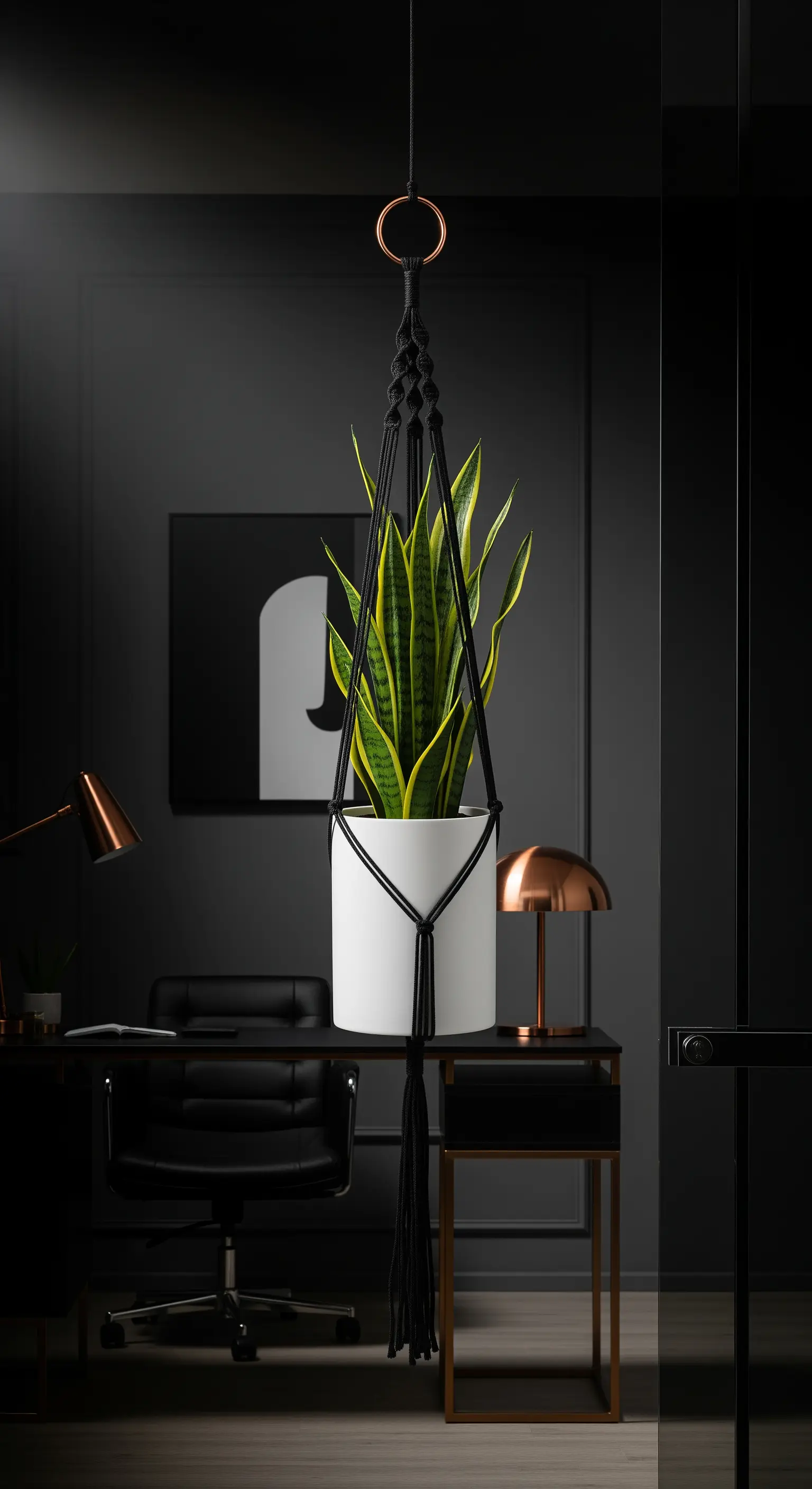 Portavasi nero in un ufficio moderno e scuro, con dettagli in rame sulla scrivania.