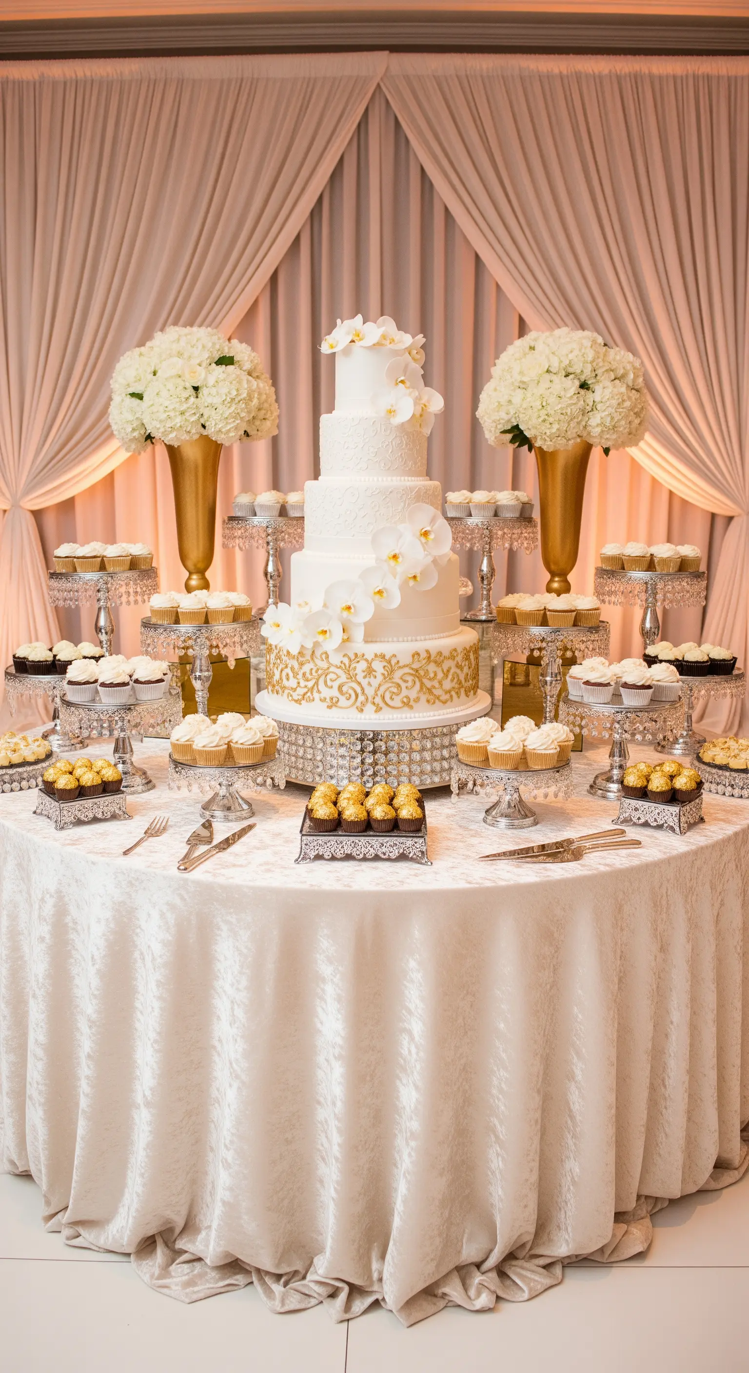Sweet table total white e oro con torta nuziale a piani, ortensie bianche e dolcetti.