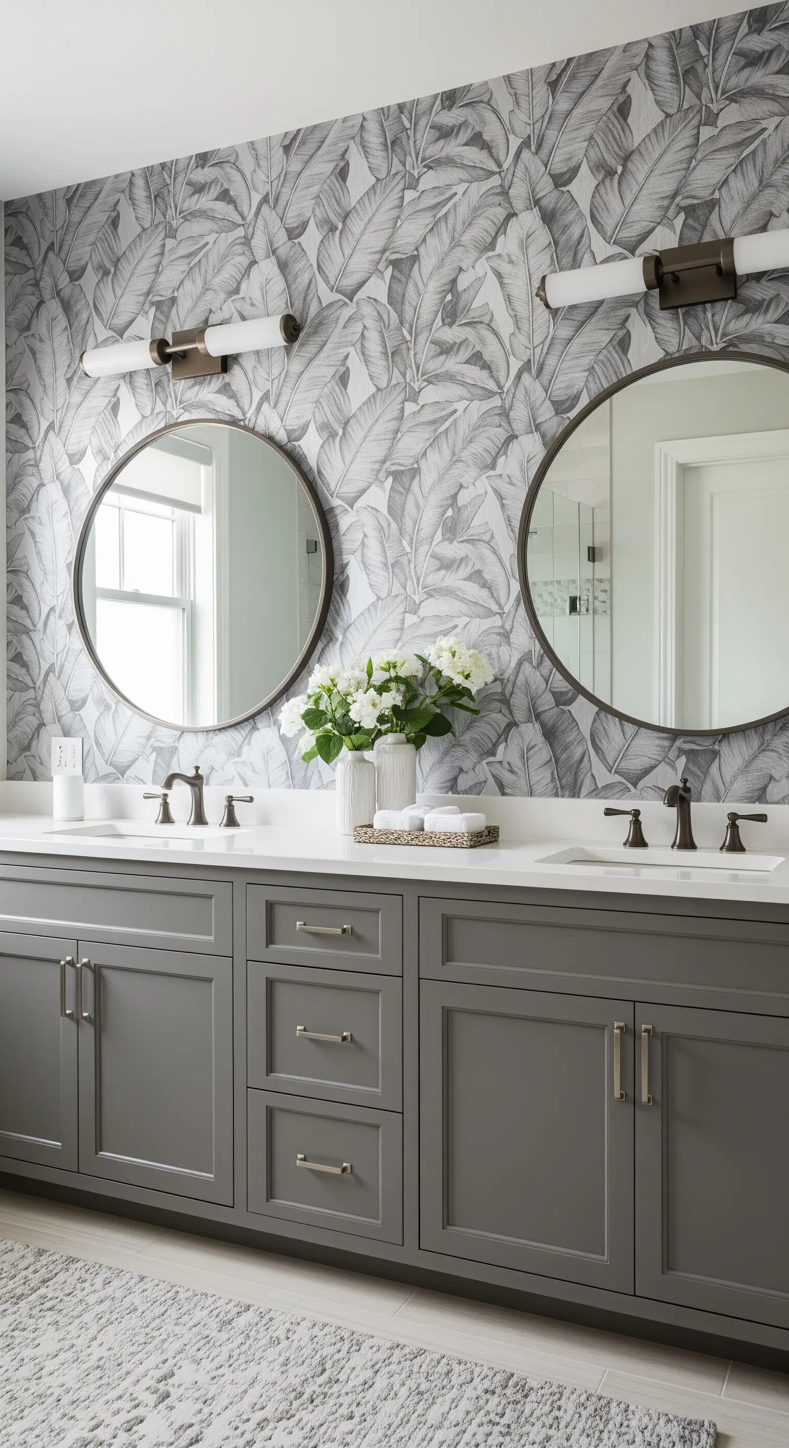 Bagno con doppio lavabo grigio e carta da parati a foglie di banano in bianco e nero.