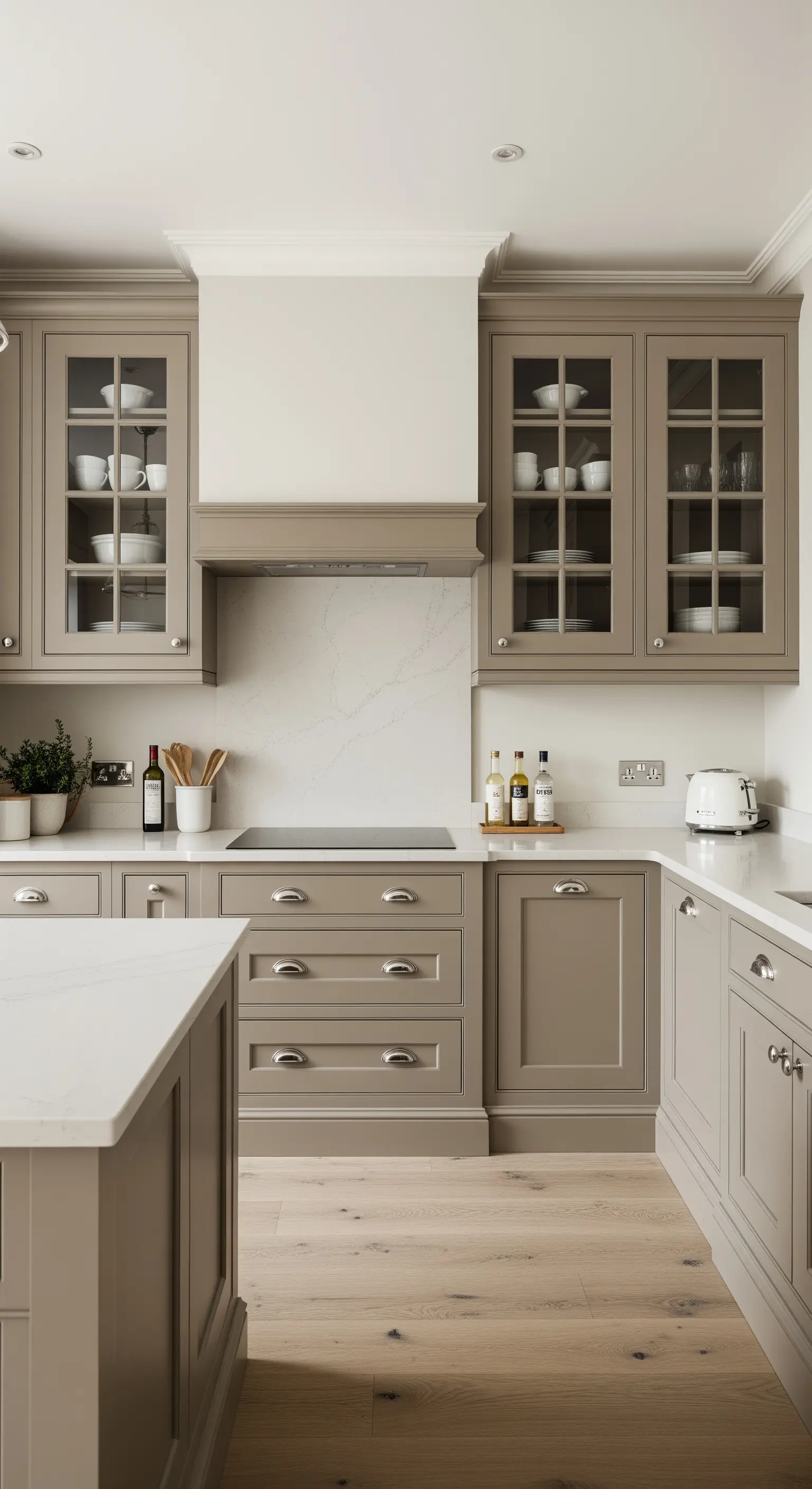 Cucina elegante interamente color taupe, con vetrine e maniglie cromate.