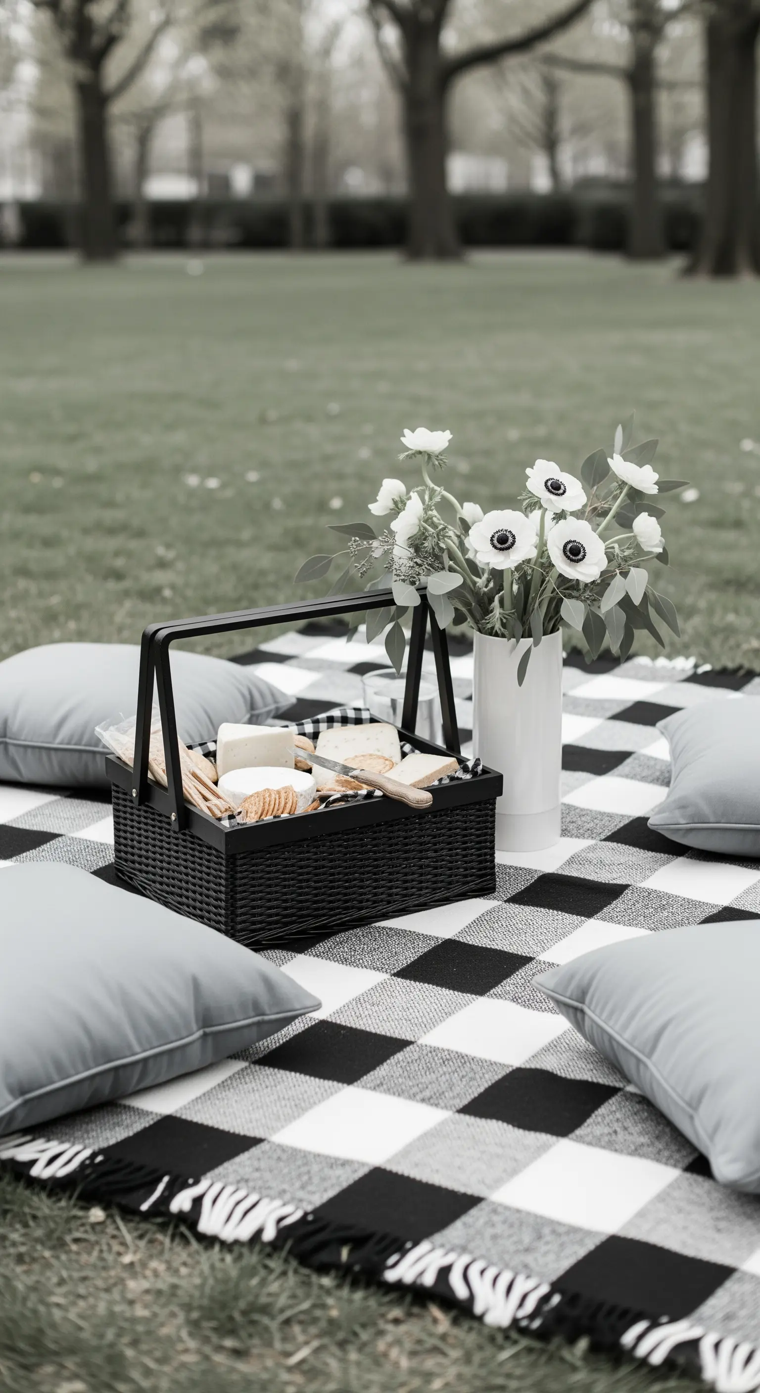 Allestimento picnic minimalista in bianco e nero con cuscini grigi e fiori bianchi